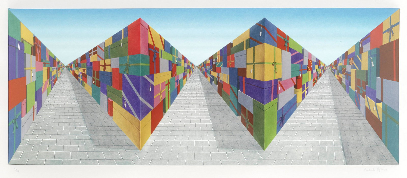 Patrick Hughes (British, born 1939) Gifts Hand-painted 3D multiple with lithography, 2007, sign...: Patrick Hughes (British, born 1939) Gifts Hand-painted 3D multiple with lithography, 2007, signed and numbered 3/45 in pencil, published by Reverspective Limited, London, in a perspex presentation box