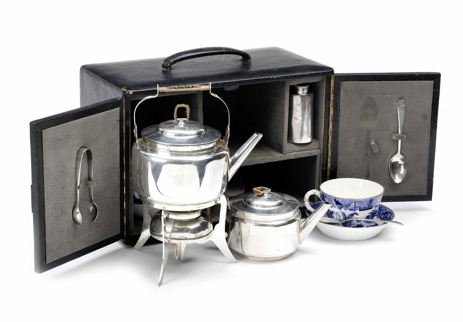 A Christopher Dresser design cased tea-set for two persons, retailed by James Dixon & Sons, reta...: A Christopher Dresser design cased tea-set for two persons, retailed by James Dixon & Sons, retailed by H J Linton of Paris, Registered Design No.85275 for 1888, black leather-cloth case with handle,