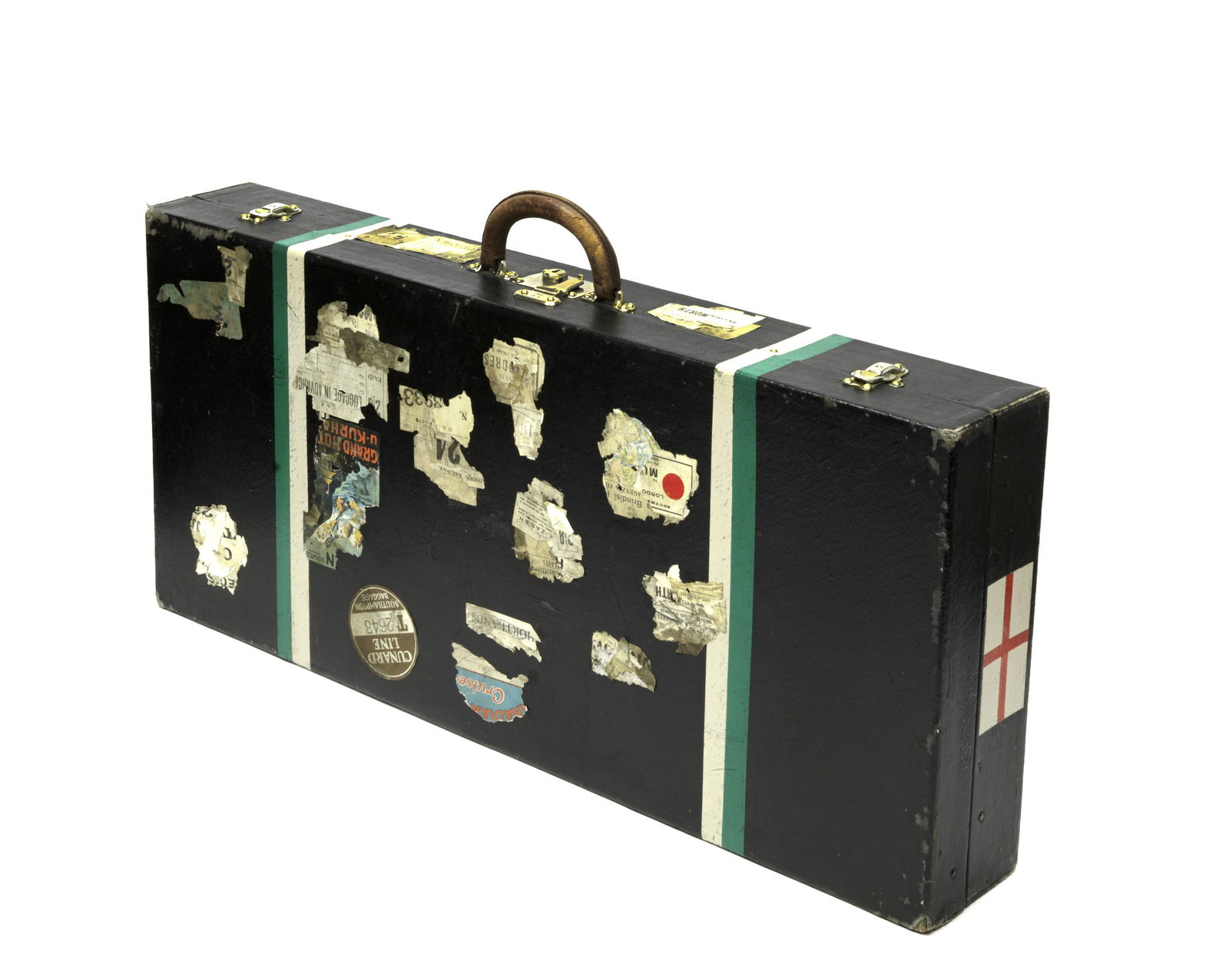 A Louis Vuitton motoring case, 1910s,: A Louis Vuitton motoring case, 1910s, black Rexine exterior with green/white painted stripes and painted St George flag to each end, with leather handle, brass central lock and catches, the lid openin