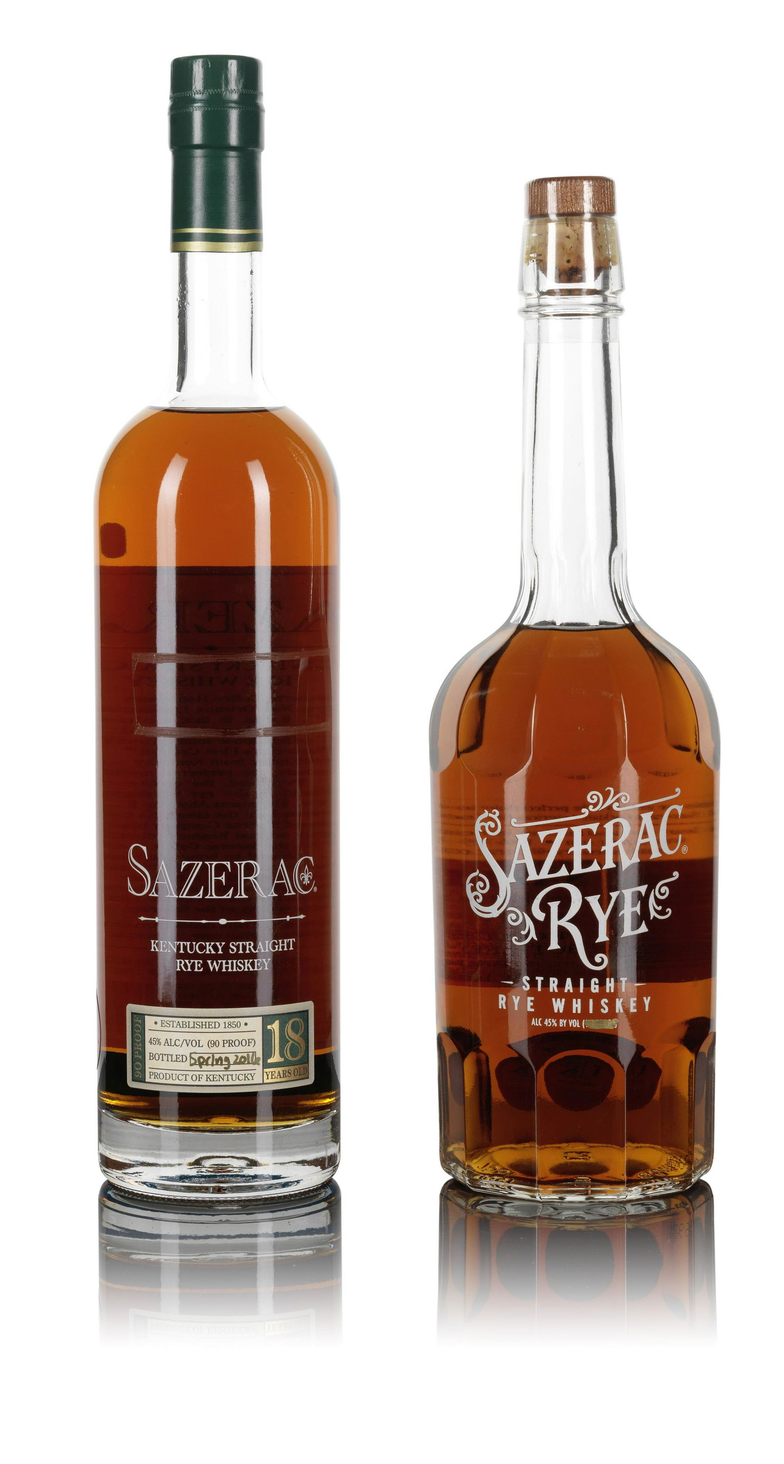Sazerac-18 year old (1) Sazerac Rye (1): Sazerac-18 year old (1) Bottled Spring 2016. Antique Collection. Transfer printed and paper labelling. Level: high shoulder. 750ml. Kentucky Straight Bourbon, 45% volume, 90 degrees proof Sazerac Rye