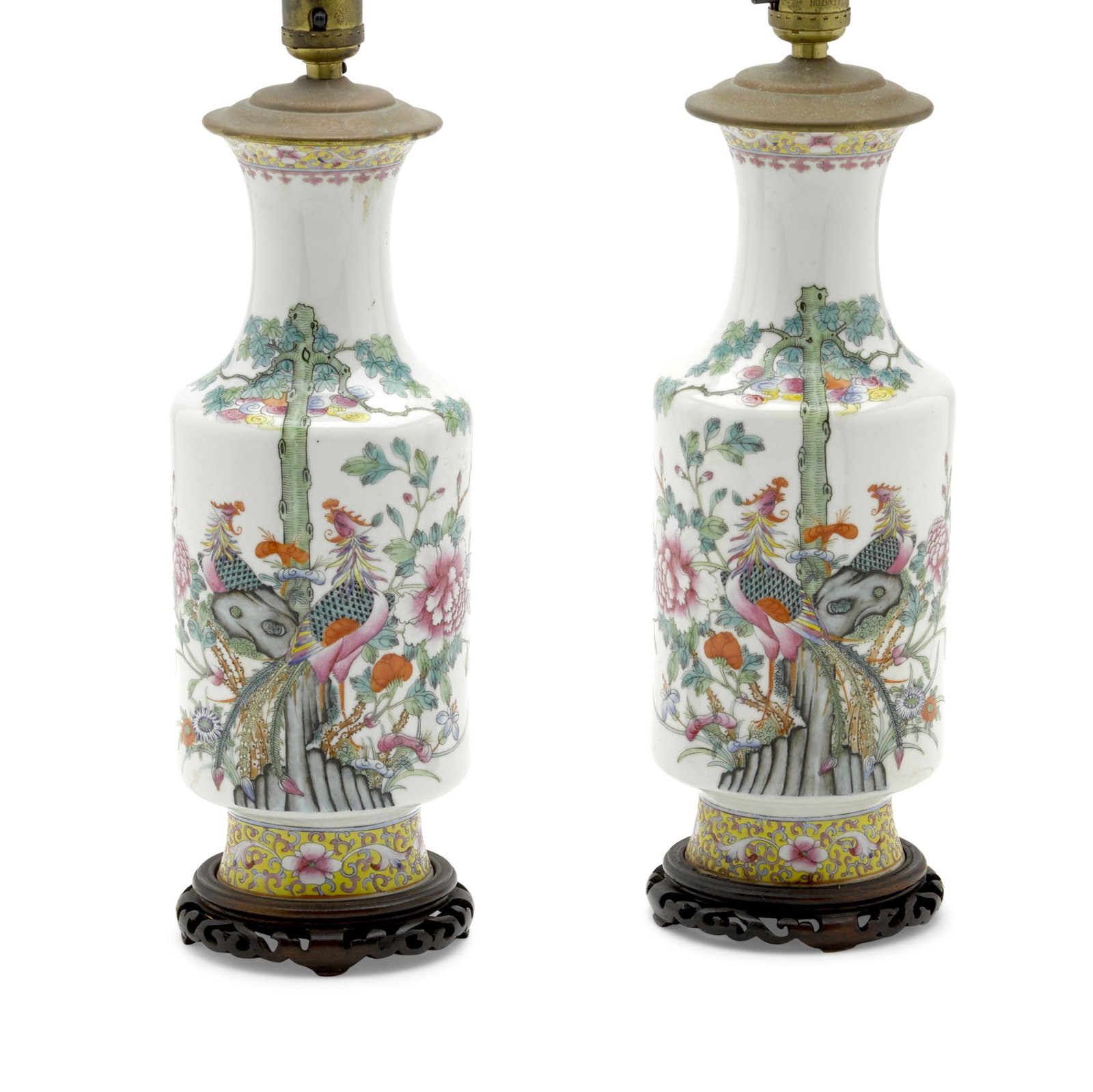 A PAIR OF CHINESE FAMILLE ROSE PORCELAIN VASES AND A PAIR OF CHINESE PORCELAIN DOVE-FORM SPILL V...: A PAIR OF CHINESE FAMILLE ROSE PORCELAIN VASES AND A PAIR OF CHINESE PORCELAIN DOVE-FORM SPILL VASES Late Qing or Republican period, late 19th/early 20th century The vases mounted as lamps, on carved 
