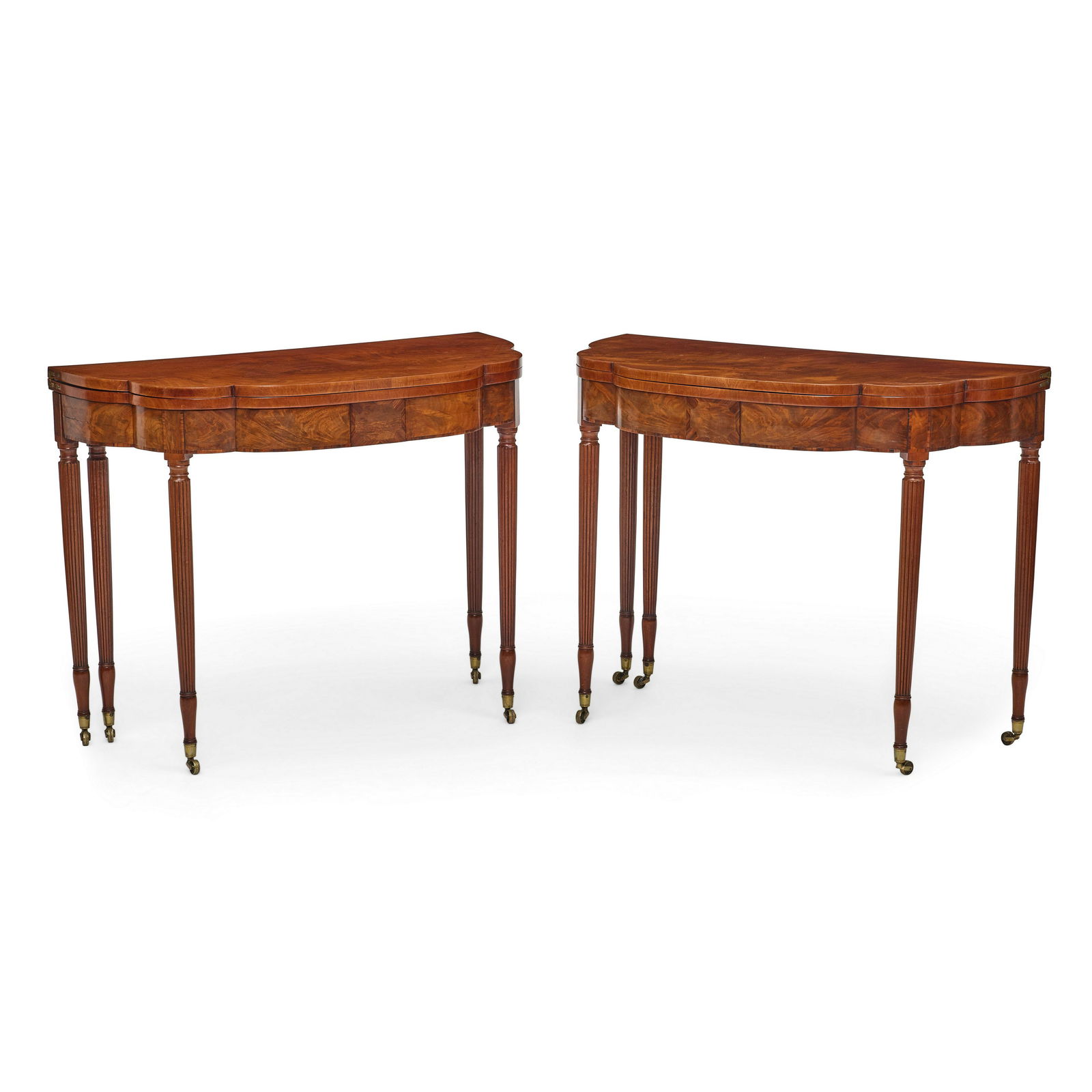 A PAIR OF FEDERAL MAHOGANY FIVE-LEG CARD TABLESAttributed to the workshop of Duncan Phyfe, New Y...: A PAIR OF FEDERAL MAHOGANY FIVE-LEG CARD TABLES Attributed to the workshop of Duncan Phyfe, New York, New York, circa 1800-1810 height 29in (74cm); width 38in (97cm); depth 17in (43cm) Footnotes: Prov
