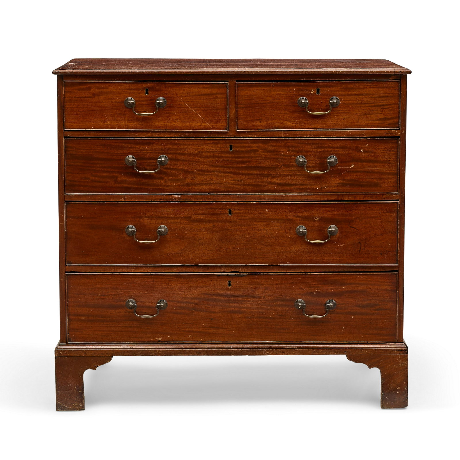 A GEORGE III MAHOGANY CHEST OF DRAWERSLate 18th century: A GEORGE III MAHOGANY CHEST OF DRAWERS Late 18th century height 42in (106.5cm); width 42 1/2in (108cm); depth 21 1/4in (54cm)