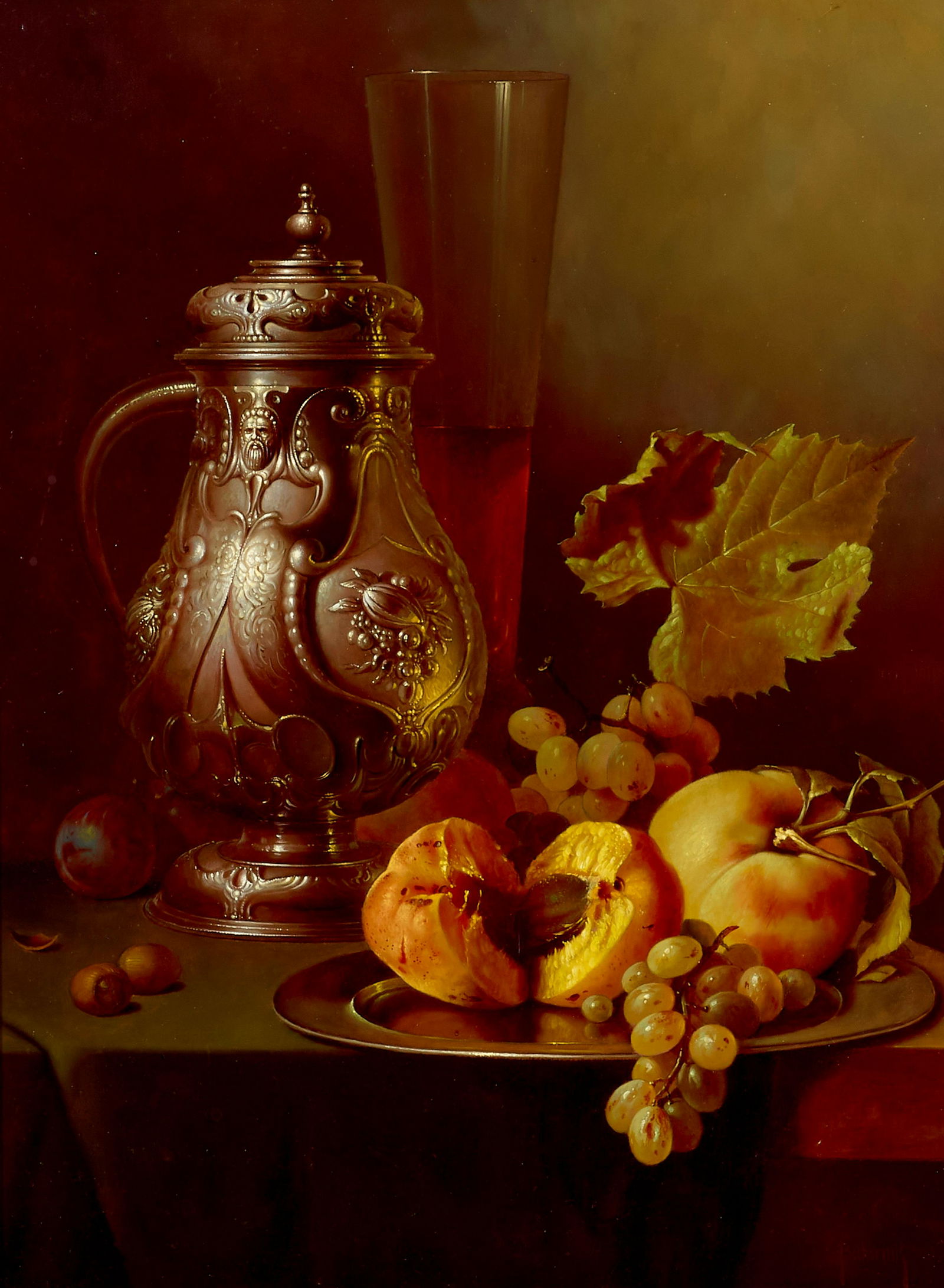 Gyula Bubárnik (Hungarian, born 1936) A still life of a silver flagon, a glass flute with p...: Gyula Bubárnik (Hungarian, born 1936) A still life of a silver flagon, a glass flute with peaches, grapes and tree nuts on a draped table signed 'Bubarnik' (lower right) oil on panel 15 5/8 x 12i
