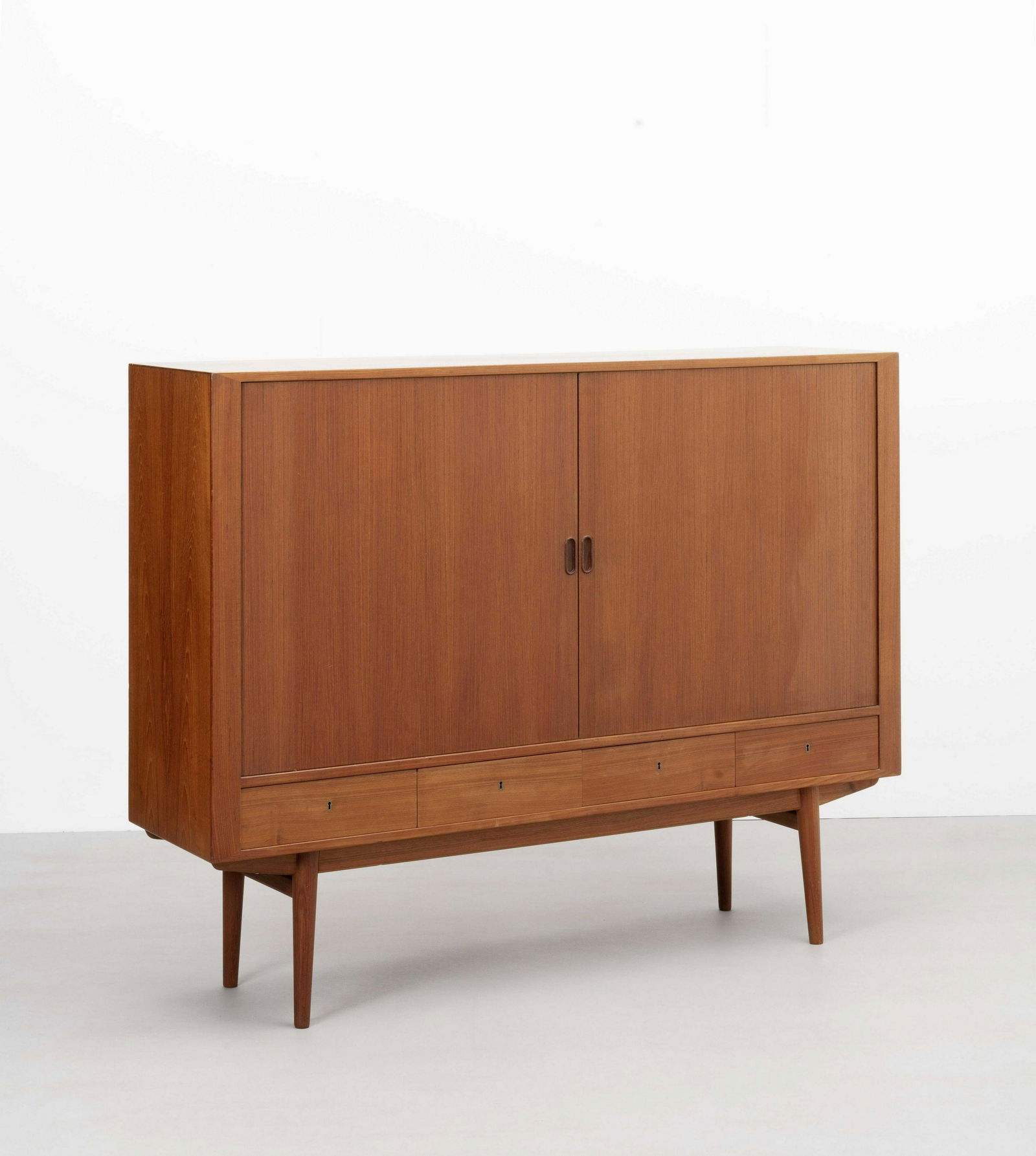 Arne Vodder Cabinet, model no. 54, 1960s: Arne Vodder Cabinet, model no. 54, 1960s Teak, teak-veneered wood, beech, brass. 133 x 170 x 44 cm Manufactured by Sibast Møbelfrabrik, Denmark. Reverse with manufacturer's brass label printed SI