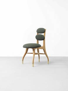 Vilhelm Lauritzen 'Orchestra' chair, designed for the Radiohuset (National Broadcasting House), ...: Vilhelm Lauritzen 'Orchestra' chair, designed for the Radiohuset (National Broadcasting House), Copenhagen, designed 1942 Oak, oak-veneered wood, brass, fabric upholstery. 86.5 x 44 x 52 cm This