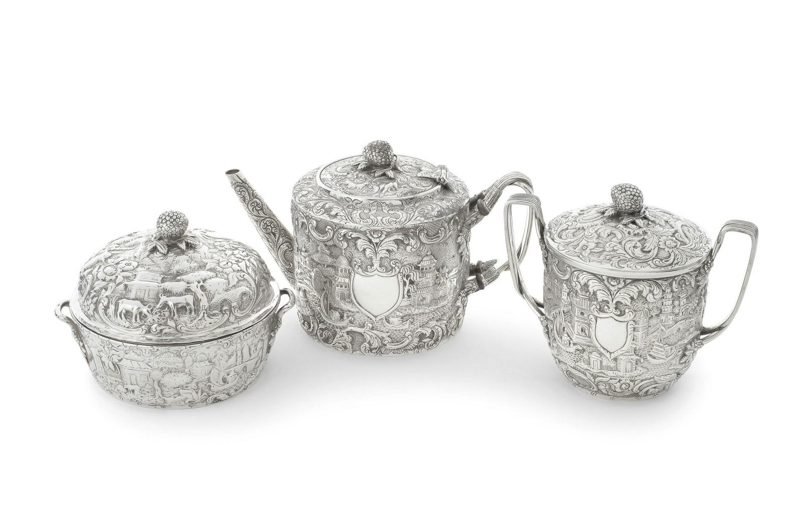 An American silver teapot, sugar bowl and butter dish Andrew Ellicott Warner, Baltimore circa 18...: An American silver teapot, sugar bowl and butter dish Andrew Ellicott Warner, Baltimore circa 1845, stamped A.E.WARNER in serrated rectangle, 11 with superscript 2 over horizontal line in rectangle C