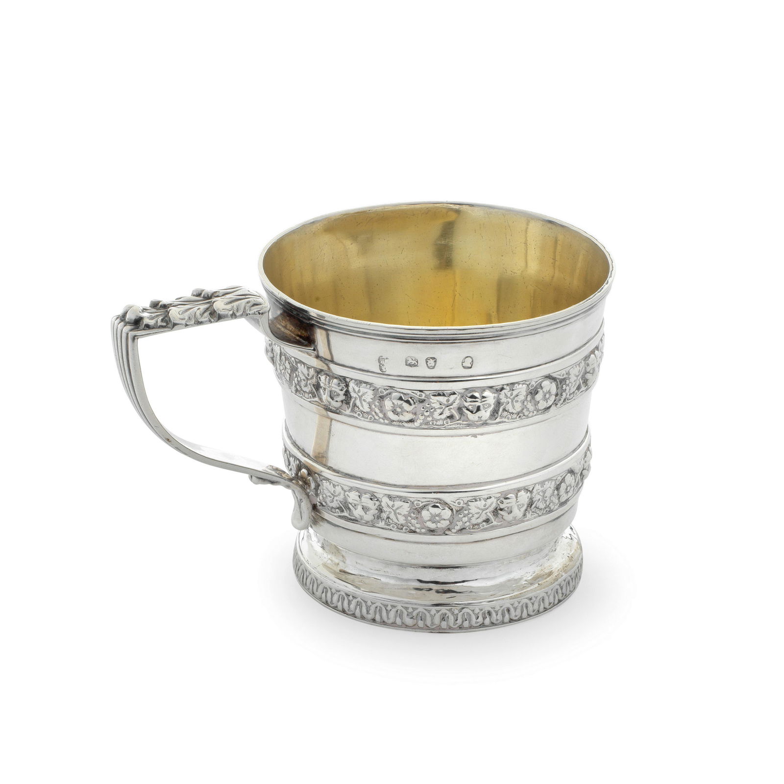 A George III silver mug A George III christening mug, with leopard head and rose applied bands R...: A George III silver mug A George III christening mug, with leopard head and rose applied bands Rebecca Emes & Edward Barnard, date letter rubbed, possibly 1819 Slightly tapering sides with two applied
