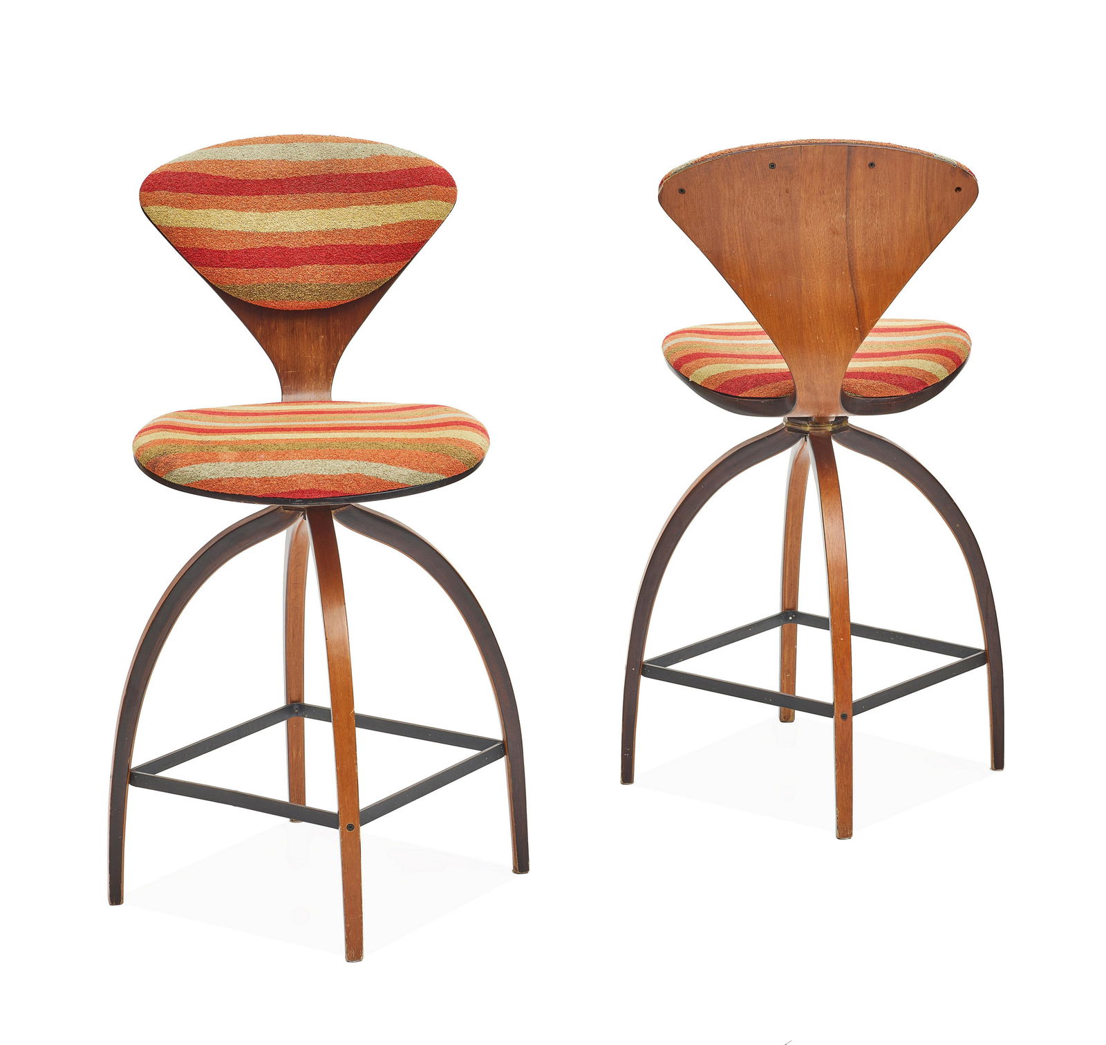 NORMAN CHERNER (1920-1987) Pair of Barstoolsdesigned 1958molded plywood, enameled metal, boucle ...: NORMAN CHERNER (1920-1987) Pair of Barstools designed 1958 molded plywood, enameled metal, boucle upholstery height 37in (94cm); width 17in (43cm); depth 22in (56cm) This lot is subject to the followi