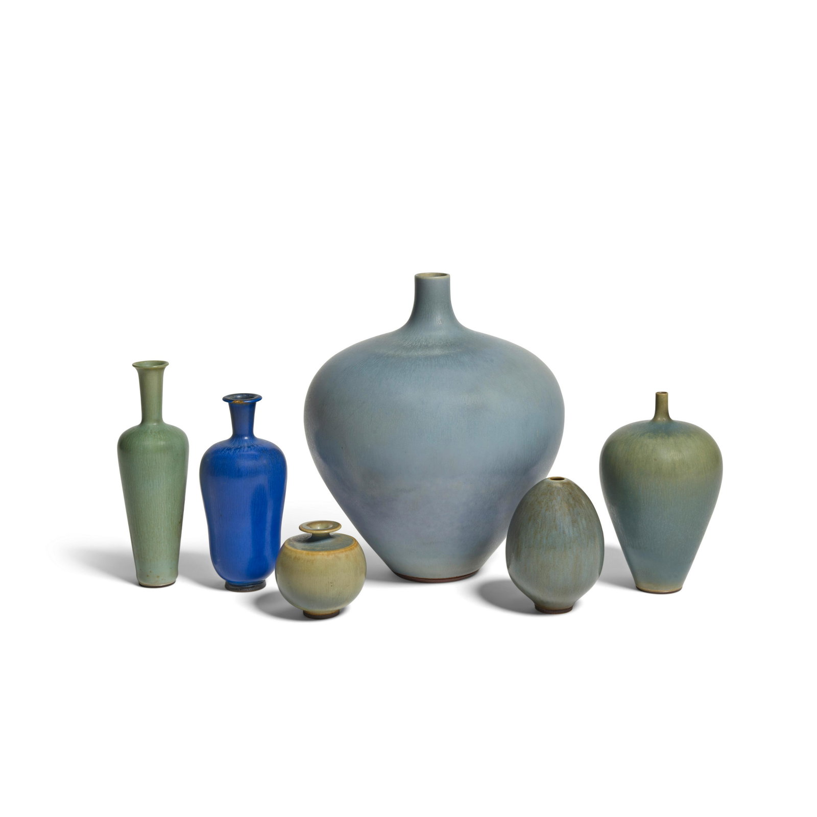 BERNDT FRIBERG (1899-1981) Group of Six Vasescirca 1960for Gustavsberg, each incised 'Friberg' w...: BERNDT FRIBERG (1899-1981) Group of Six Vases circa 1960 for Gustavsberg, each incised 'Friberg' with manufacturer's mark, the largest vase with manufacturer's label height 7 1/2in (19cm)