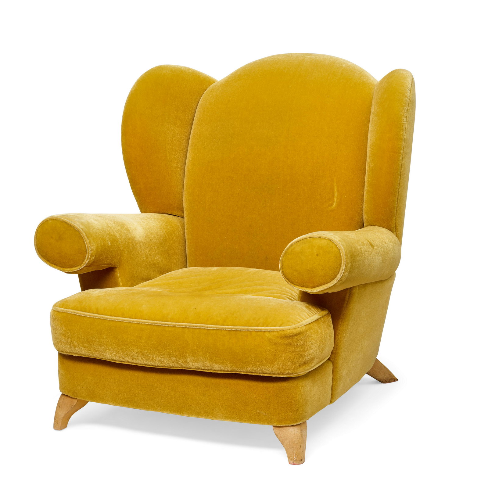 ROY MCMAKIN (BORN 1965) Wingback Armchair1990sfor Domestic Furniture Co., maple, cut velvet upho... (1 of 2)