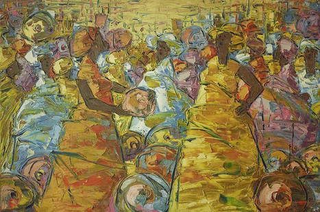 Ablade Glover (Ghanaian, born 1934) Pot Sellers (framed): Ablade Glover (Ghanaian, born 1934) Pot Sellers signed and dated 'Glo '12' (lower right); inscribed 'Market Profile pot sellers, Glo -86/012, 40x60' (verso) oil on canvas 102 x 152cm (40 3/16 x 59 13/