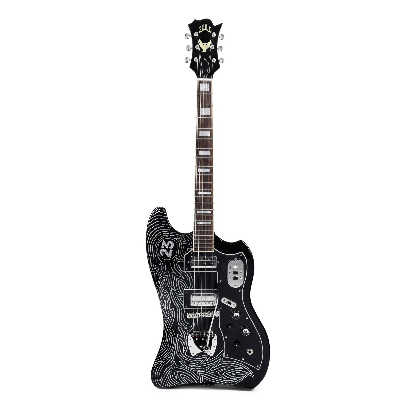 Robert Smith / Gorillaz A Unique Reissue Guild S-200 T-Bird Guitar Owned and Played by Robert S...: Robert Smith / Gorillaz A Unique Reissue Guild S-200 T-Bird Guitar Owned and Played by Robert Smith and Customised by Gorillaz' Jamie Hewlett and Damon Albarn, 2021 serial number KWM1600052, a one-of-