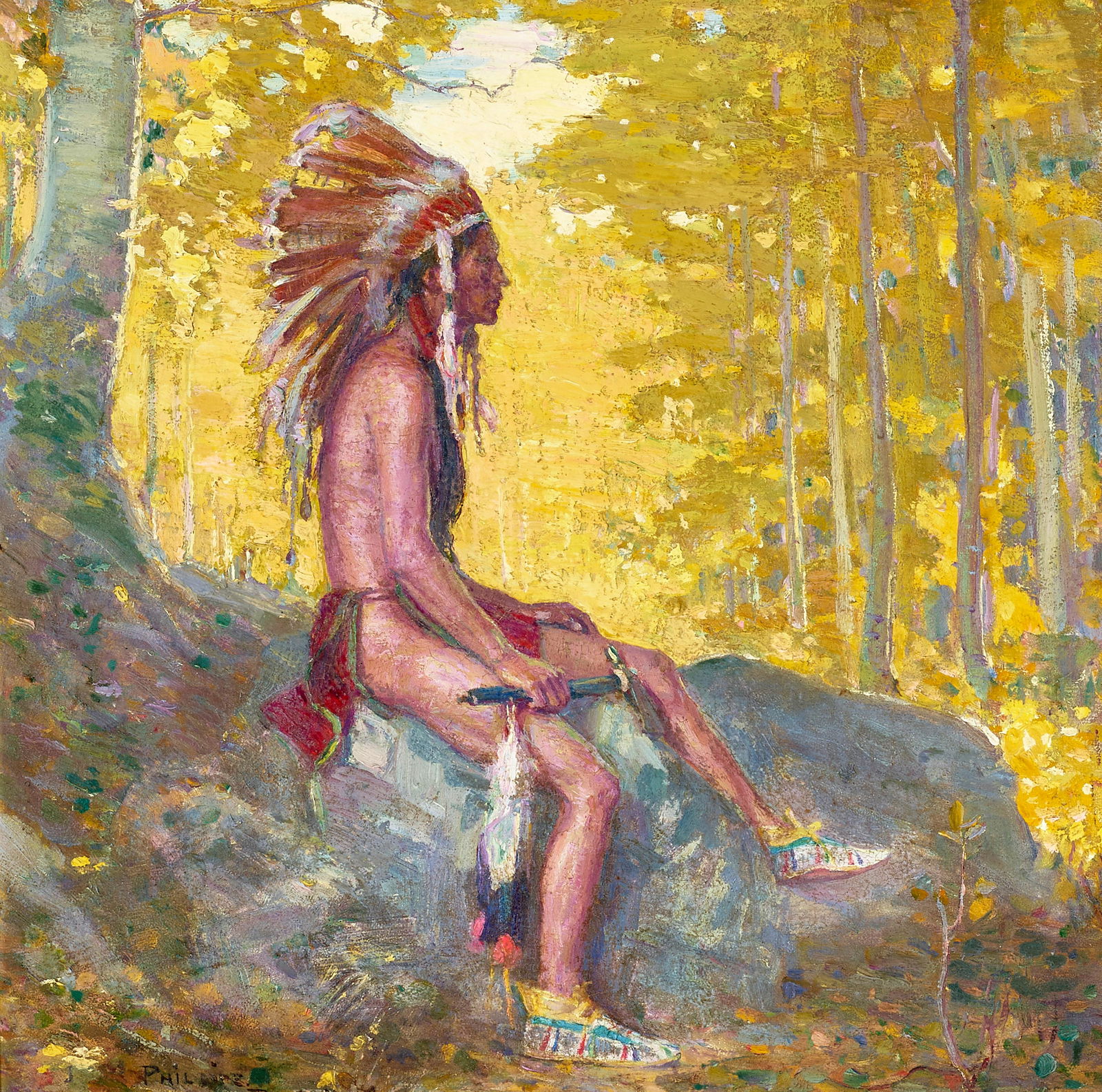 Bert Geer Phillips (1868-1956) The Scout 12 x 12 in. framed 18 x 18 in.: Bert Geer Phillips (1868-1956) The Scout signed and inscribed 'PHILLIPS / TAOS N.M.' (lower left) and signed again and titled (on a remnant of the original backing paper) oil on canvas 12 x 12 in. fra