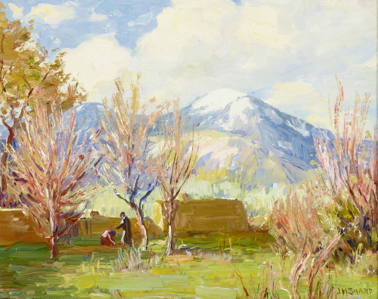 Joseph Henry Sharp (1859-1953) Springtime Taos Mountain 8 x 10 in. framed 14 x 16 in.: Joseph Henry Sharp (1859-1953) Springtime Taos Mountain signed 'JH SHARP' (lower right) oil on canvas 8 x 10 in. framed 14 x 16 in. Footnotes: Provenance Zaplin-Lampert Gallery, Santa Fe, N
