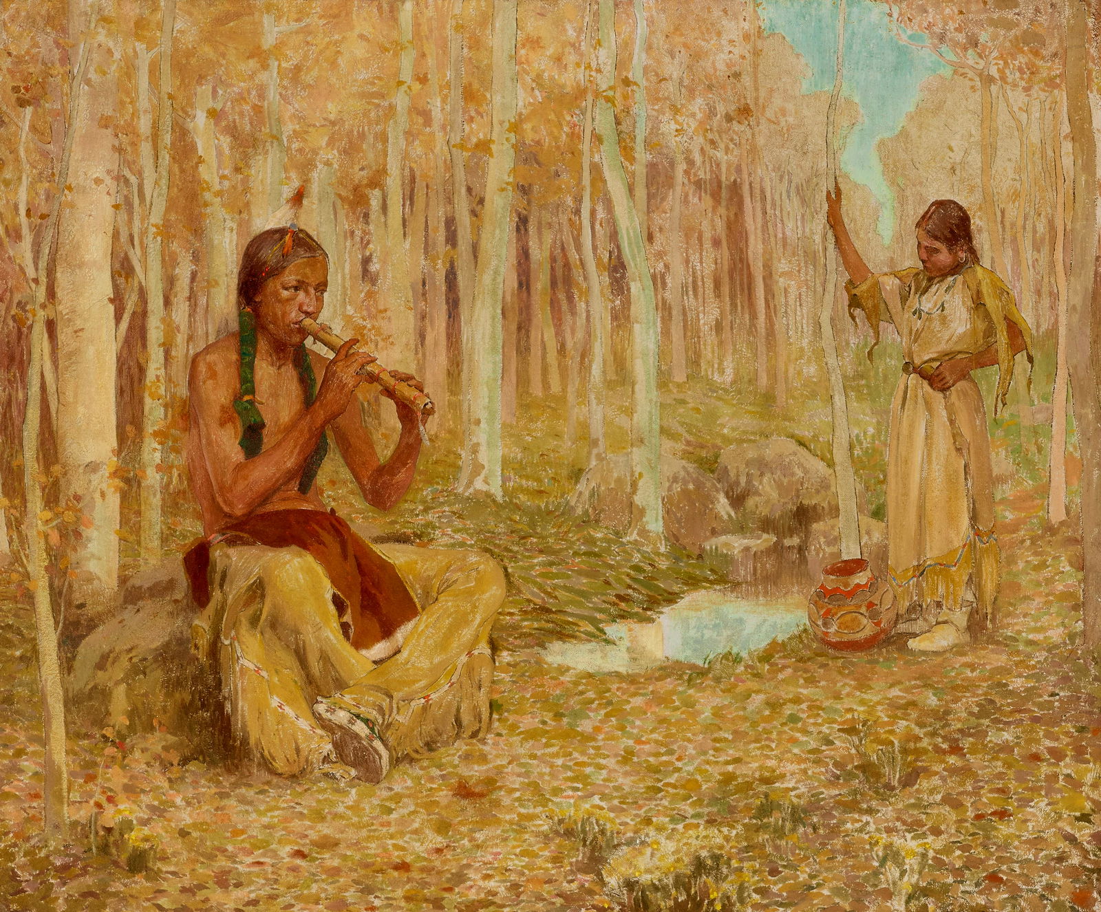 Eanger Irving Couse (1866-1936) Flute Courtship 30 x 36 in. framed 39 x 45 in. (Painted circa 19...: Eanger Irving Couse (1866-1936) Flute Courtship signed 'E.I. COUSE' (lower right) oil on canvas 30 x 36 in. framed 39 x 45 in. Painted circa 1906. Footnotes: Provenance Private c