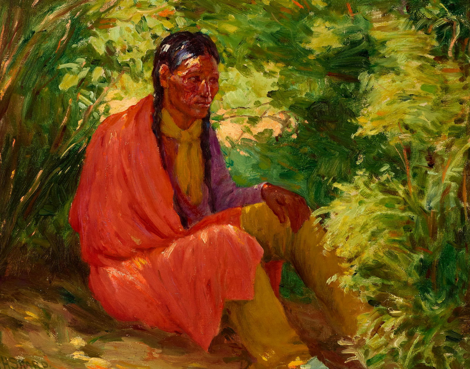 Joseph Henry Sharp (1859-1953) White Weasel 16 x 20 in. framed 24 x 28 in.: Joseph Henry Sharp (1859-1953) White Weasel signed 'J.H. SHARP.' (lower left) and titled on the original backing board (on the reverse) oil on canvas 16 x 20 in. framed 24 x 28 in. Footnotes: Prove