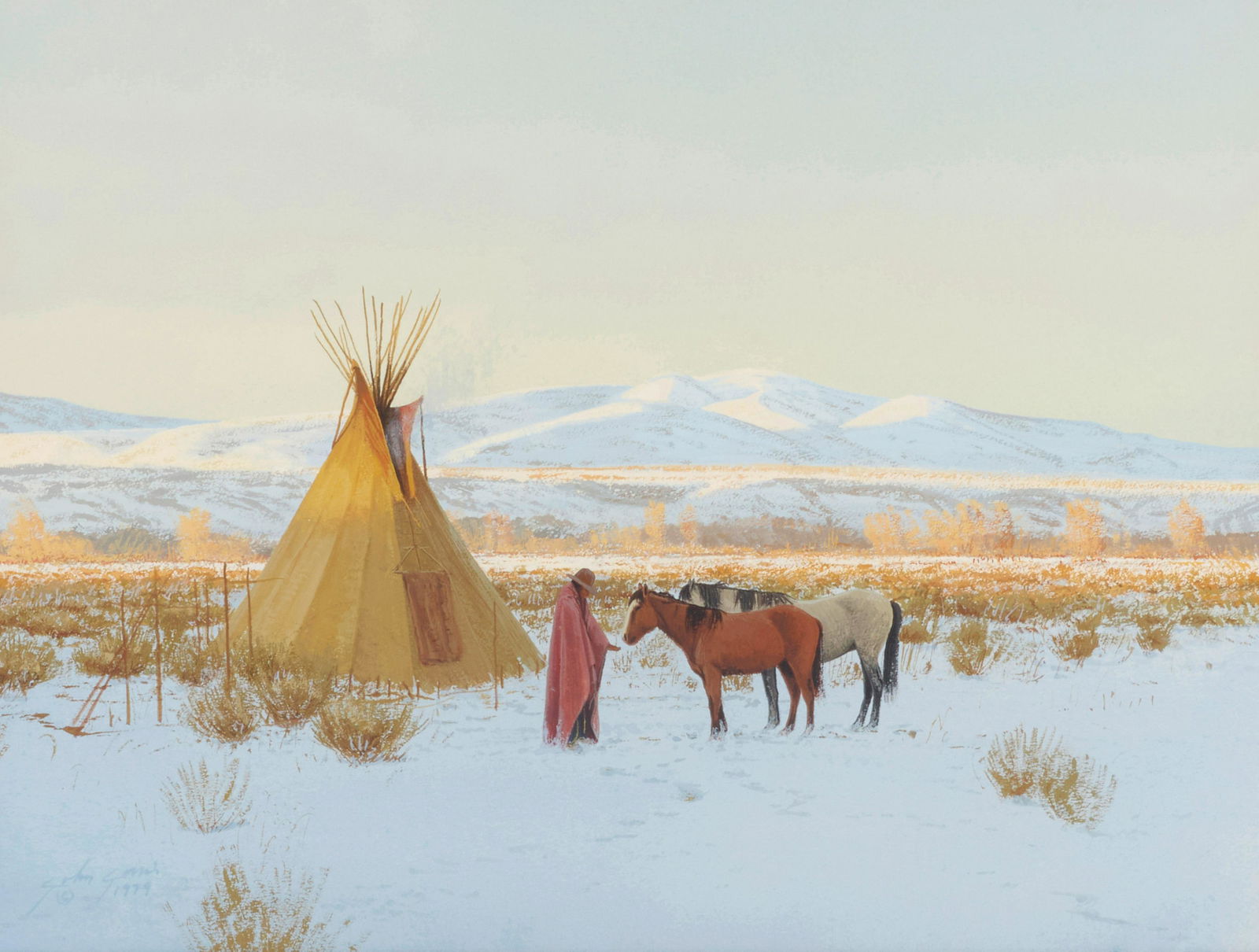 John Brent Jarvis (born 1946) Tending Horses sight 14 x 19 in. framed 27 x 30 in.: John Brent Jarvis (born 1946) Tending Horses signed and dated 'John Jarvis / © 1979' (lower left) and titled (on the backing paper) watercolor and gouache on paper sight 14 x 19 in. framed 27 x 3