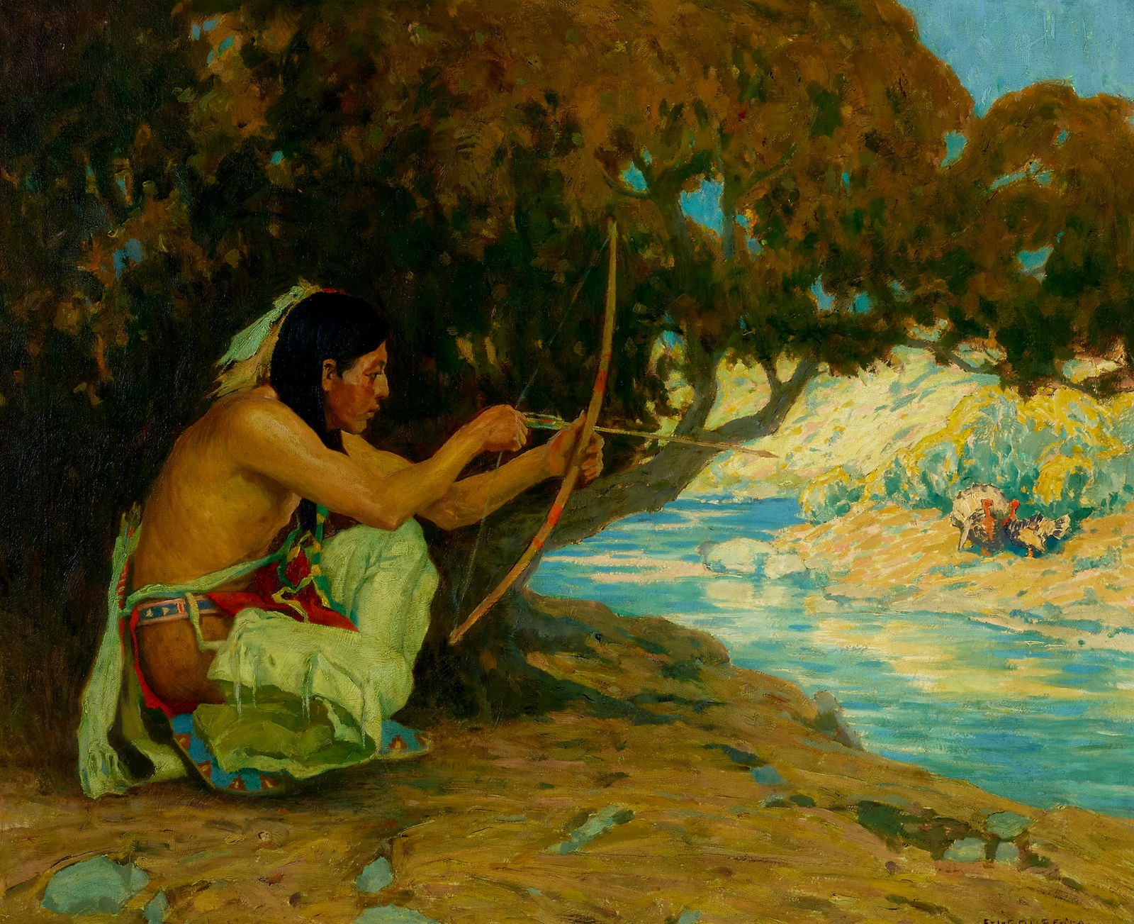 Eanger Irving Couse (1866-1936) Turkey Hunter 24 1/2 x 29 1/4 in. framed 30 1/2 x 35 1/2 in.: Eanger Irving Couse (1866-1936) Turkey Hunter signed 'E.I. Couse N.A.' (lower right) oil on canvas 24 1/2 x 29 1/4 in. framed 30 1/2 x 35 1/2 in. Footnotes: Provenance Wunderlich and Co., N