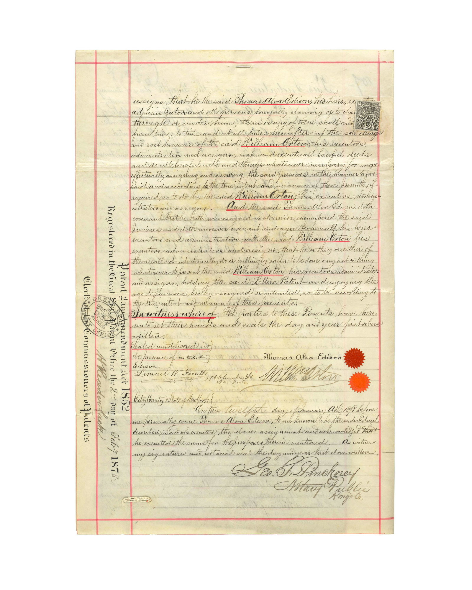 EDISON SELLS HIS TELEGRAPH PATENT EDISON, THOMAS ALVA. 1847-1931. Manuscript Document Signed on ... (1 of 2)