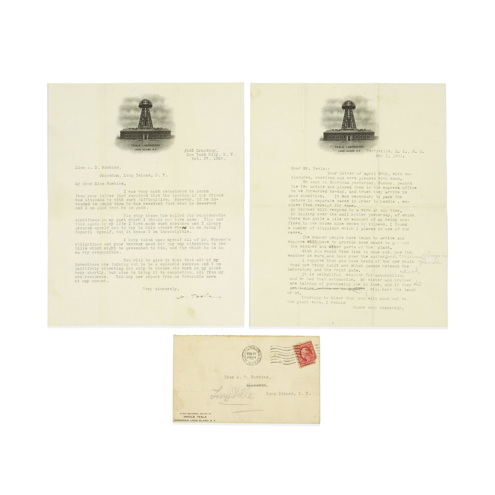 TESLA STRUGGLES TO COMPLETE HIS WARDENCLYFFE PLANT TESLA, NIKOLA. 1856-1943. Letter Signed ('N. ...: TESLA STRUGGLES TO COMPLETE HIS WARDENCLYFFE PLANT TESLA, NIKOLA. 1856-1943. Letter Signed ('N. Tesla'), 2 pp, 4to, New York, February 27, 1909, 4to, to Miss A.D. Hawkins, on Tesla Laboratory, Long Is