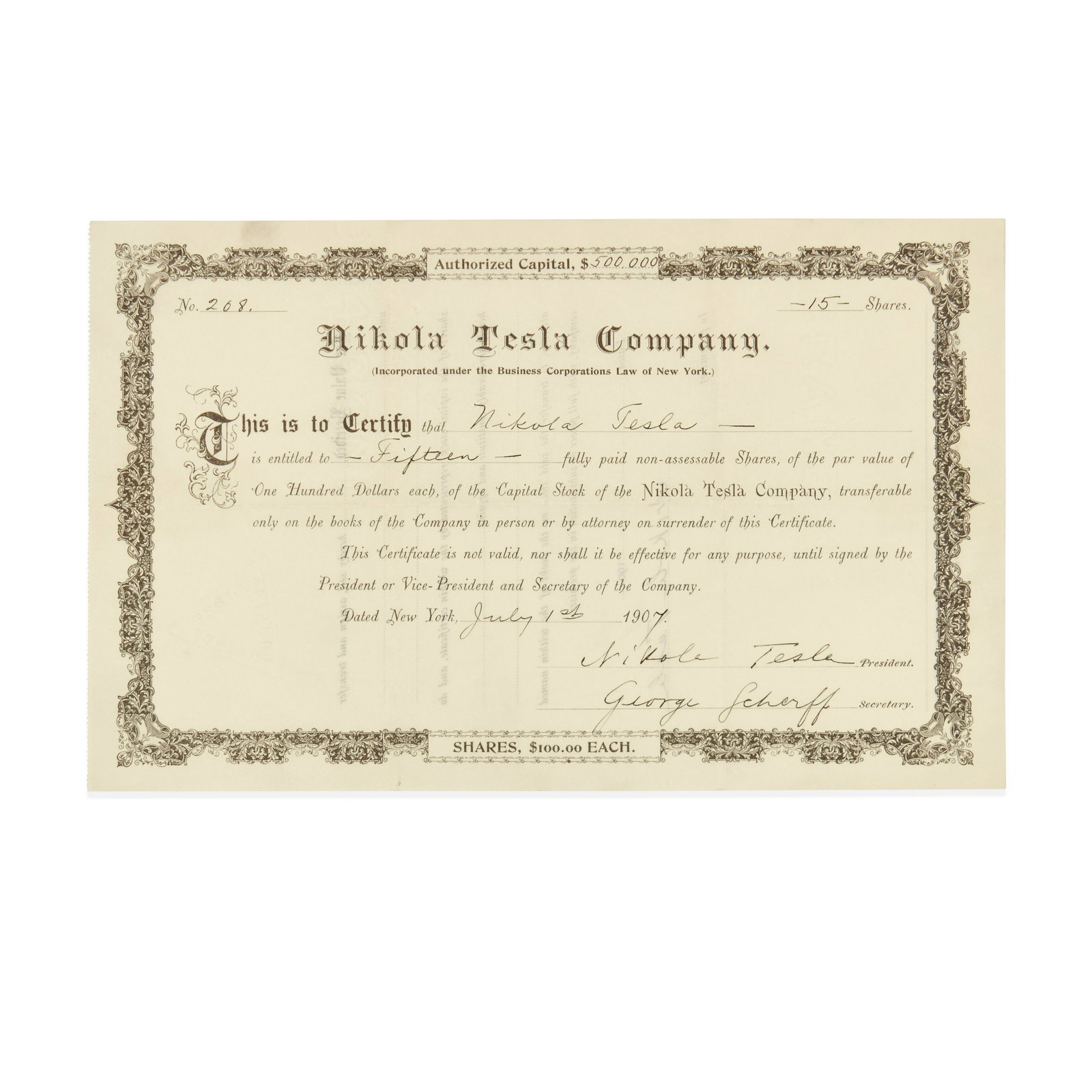 NIKOLA TESLA COMPANY STOCK CERTIFICATE SIGNED TWICE TESLA, NIKOLA. 1856-1943. Document Signed Tw...: NIKOLA TESLA COMPANY STOCK CERTIFICATE SIGNED TWICE TESLA, NIKOLA. 1856-1943. Document Signed Twice ('Nikola Tesla'), 1 p, oblong folio (168 x 269 mm), New York, July 1, 1907, being a stock certificat