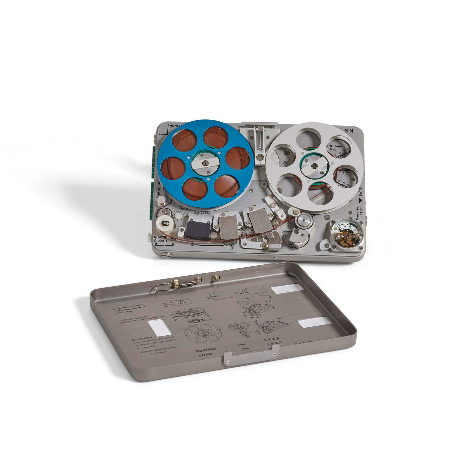 NAGRA SN MINATURE REEL-TO-REEL RECORDER Reel-to-Reel Tape Recorder, Cheseaux-sur-Lausanne, Switz...: NAGRA SN MINATURE REEL-TO-REEL RECORDER Reel-to-Reel Tape Recorder, Cheseaux-sur-Lausanne, Switzerland, 1970s, Solid milled block of metal with alloy lid, 146 x 99 x 29 mm, with standard microphone, w
