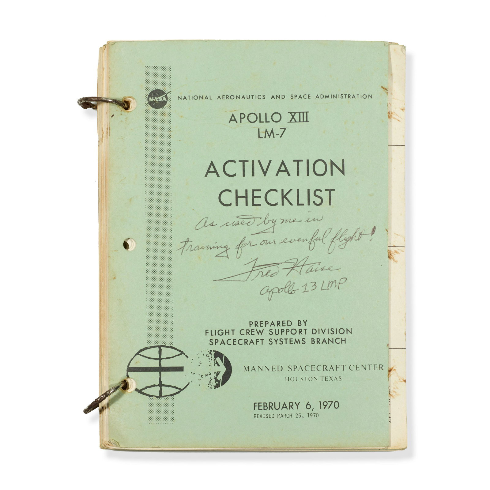 APOLLO 13 FRED HAISE'S ACTIVATION CHECKLIST USED BY HIM IN TRAINING Apollo XIII LM-7 Activation ... (1 of 1)