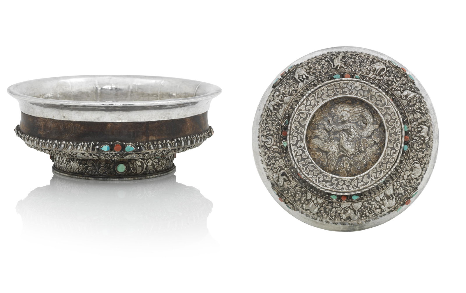 A TIBETAN SILVER, CORAL AND TURQUOISE MOUNTED BOWL 19th century (1 of 1)
