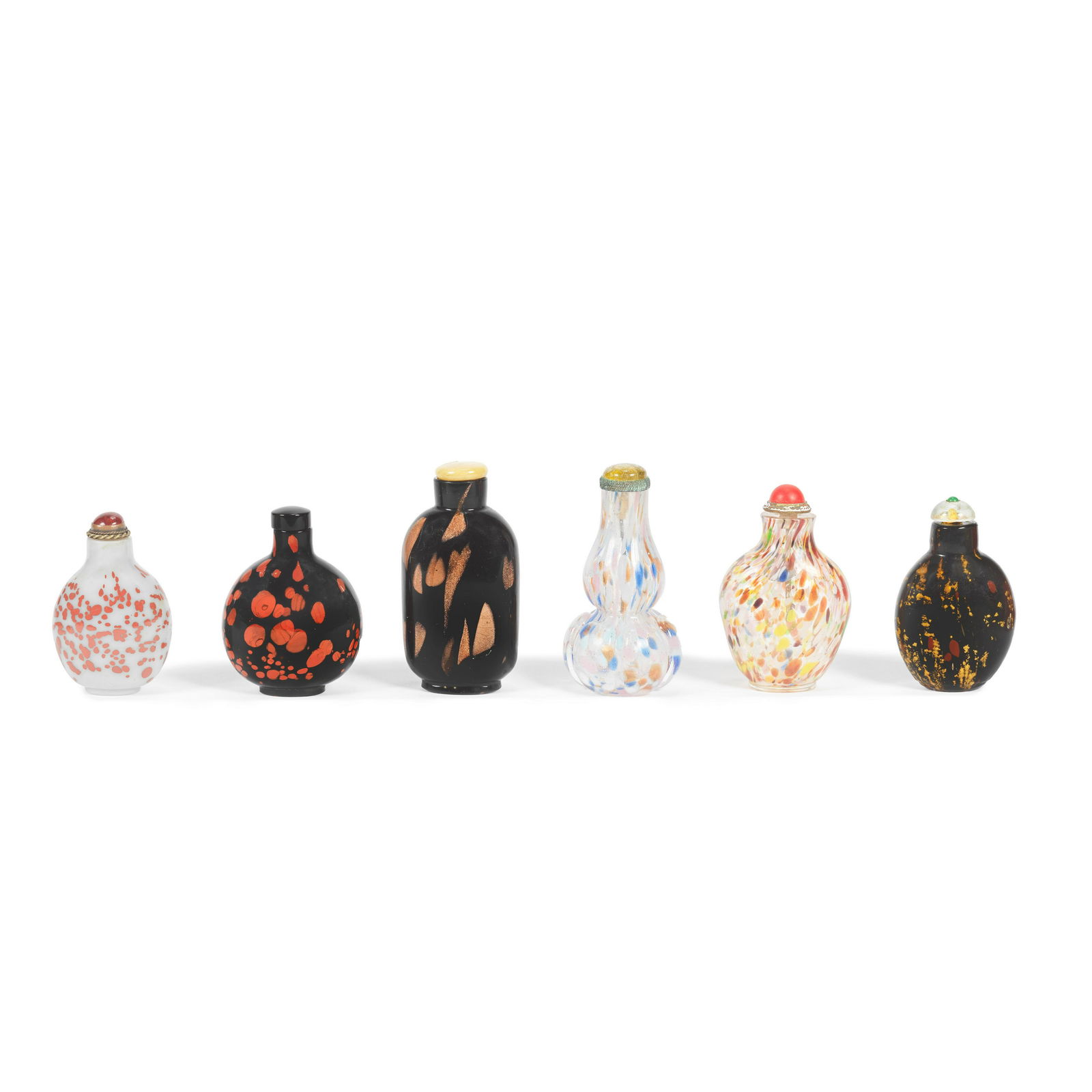 A GROUP OF SIX VARIOUS SPLASHED AND SWIRLED SANDWICHED GLASS SNUFF BOTTLES 19th/20th century (18) (1 of 1)