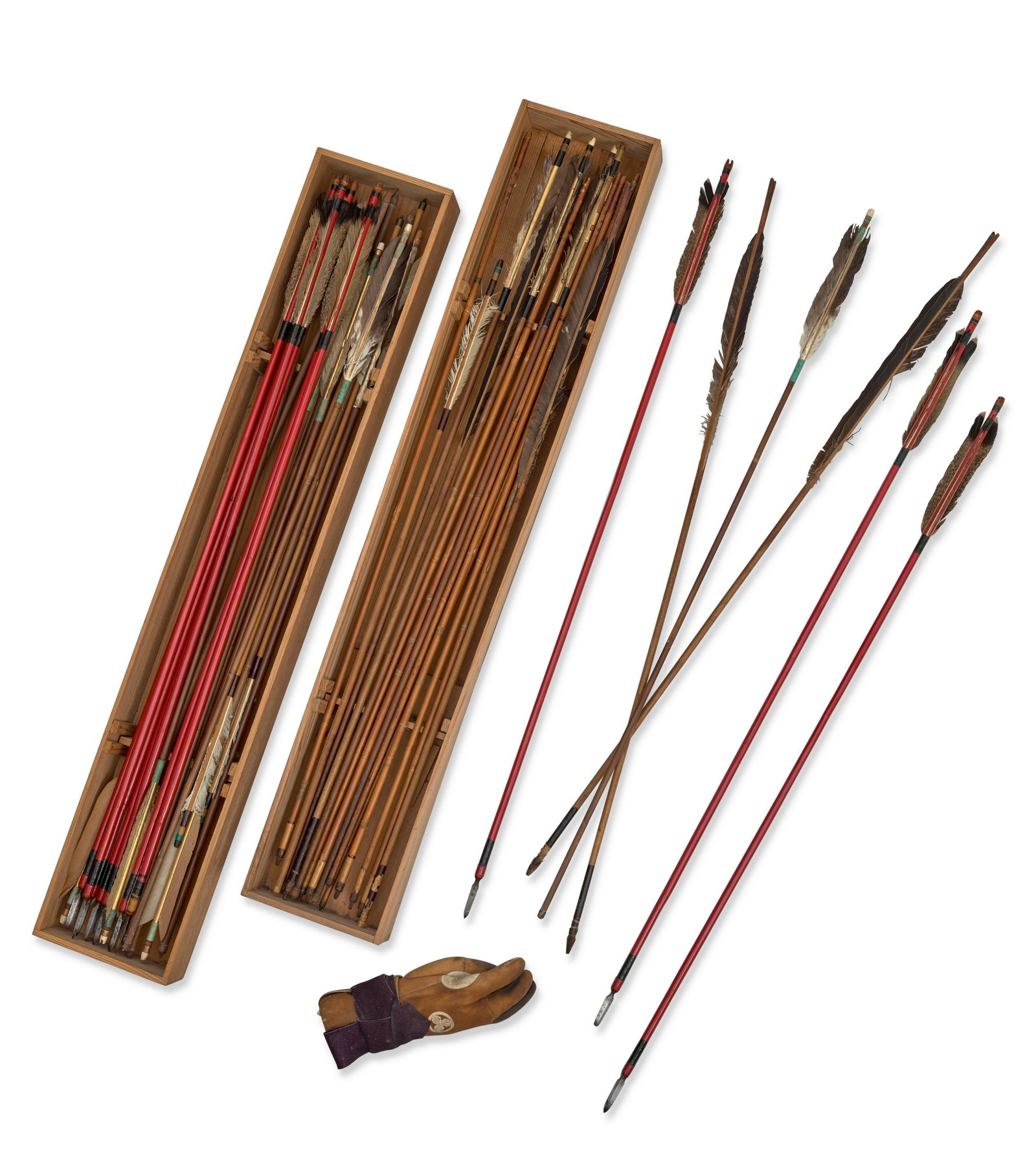 A GROUP OF ARCHERY EQUIPMENT Meiji (1868-1912) or Taisho (1912-1926) era, late 19th/early 20th c...: A GROUP OF ARCHERY EQUIPMENT Meiji (1868-1912) or Taisho (1912-1926) era, late 19th/early 20th century Comprising two black-lacquer bows fortified with bamboo wraps at regularly spaced intervals lacqu