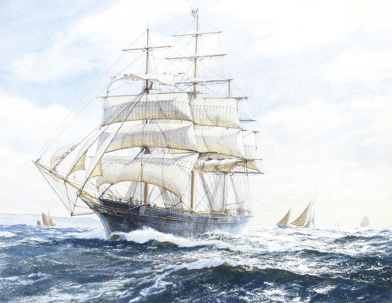 John Steven Dews (British, born 1949) Letting out the sails, Sir Lancelot: John Steven Dews (British, born 1949) Letting out the sails, Sir Lancelot signed 'J. Steven Dews' (lower left) watercolour heightened with white 33.7 x 45.1cm (13 1/4 x 17 3/4in). Footnotes: