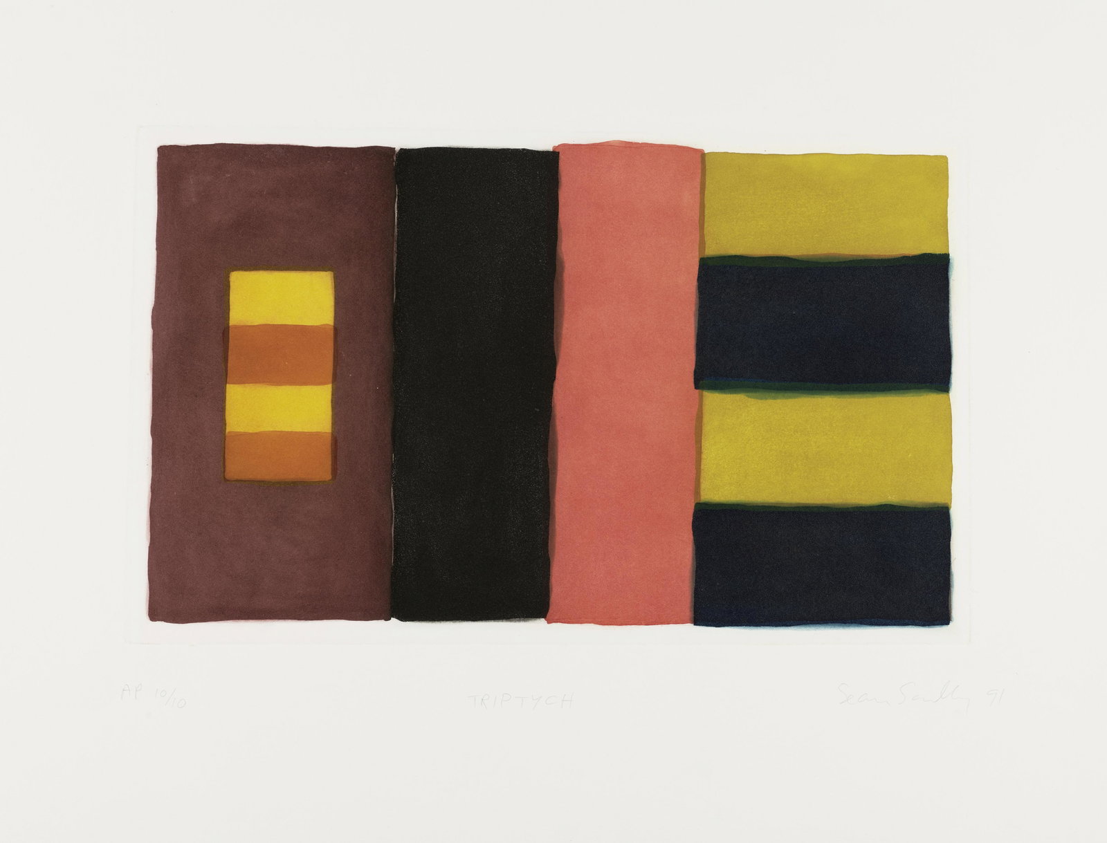 Sean Scully (born 1946); Triptych;: Sean Scully (born 1946) Triptych, 1991 Etching with aquatint in colors on Rives BFK paper, signed in pencil, titled, dated and numbered 10/10 AP (an artist's proof, aside from the edition of 25), publ