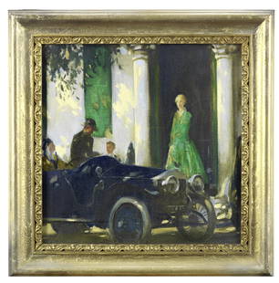 Attributed to Ambrose McEvoy (1878-1927) 'Rolls-Royce - The Best Car in the World',: Attributed to Ambrose McEvoy (1878-1927) 'Rolls-Royce - The Best Car in the World', unsigned, oil on canvas, 38 x 38cm, framed and glazed. Footnotes: This painting was used by Rolls-Royce as the first