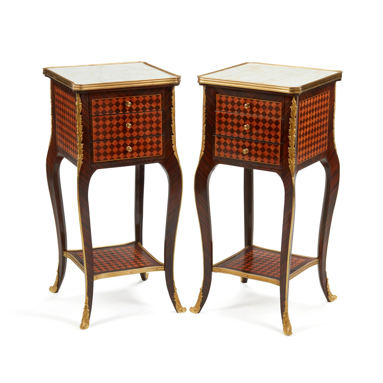 A PAIR OF TRANSITIONAL LOUIS XV/XVI MARBLE TOP GILT BRONZE MOUNTED PARQUETRY SIDE TABLES (1 of 4)