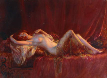 Delphin Enjolras (French, 1857-1945) A reclining exotic beauty 21 1/4 x 28 3/4in (54 x 73cm): Delphin Enjolras (French, 1857-1945) A reclining exotic beauty signed 'D Enjolras' (lower left) oil on canvas 21 1/4 x 28 3/4in (54 x 73cm)