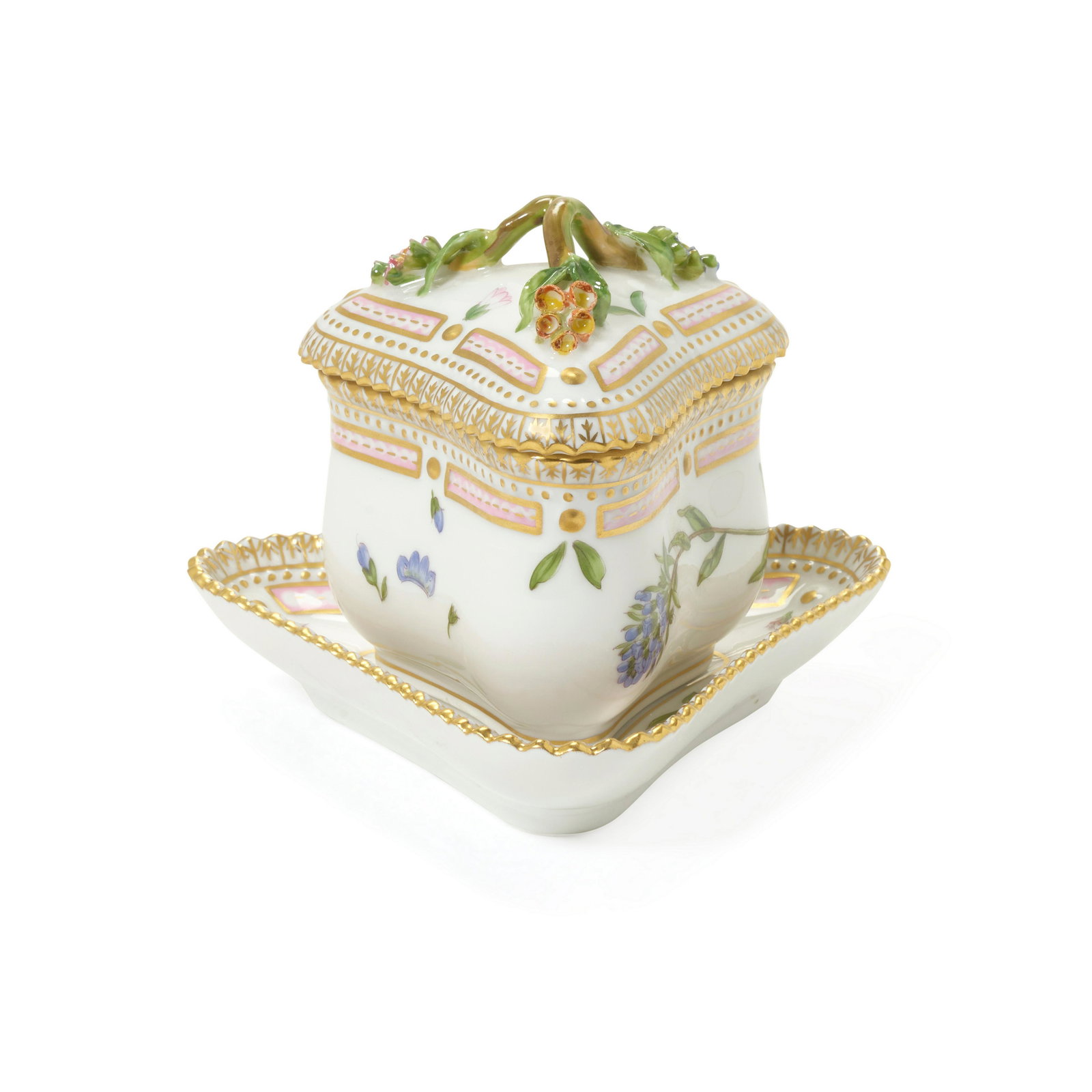 A ROYAL COPENHAGEN FLORA DANICA PORCELAIN COVERED MUSTARD POT AND STANDShape 3575 (1 of 1)