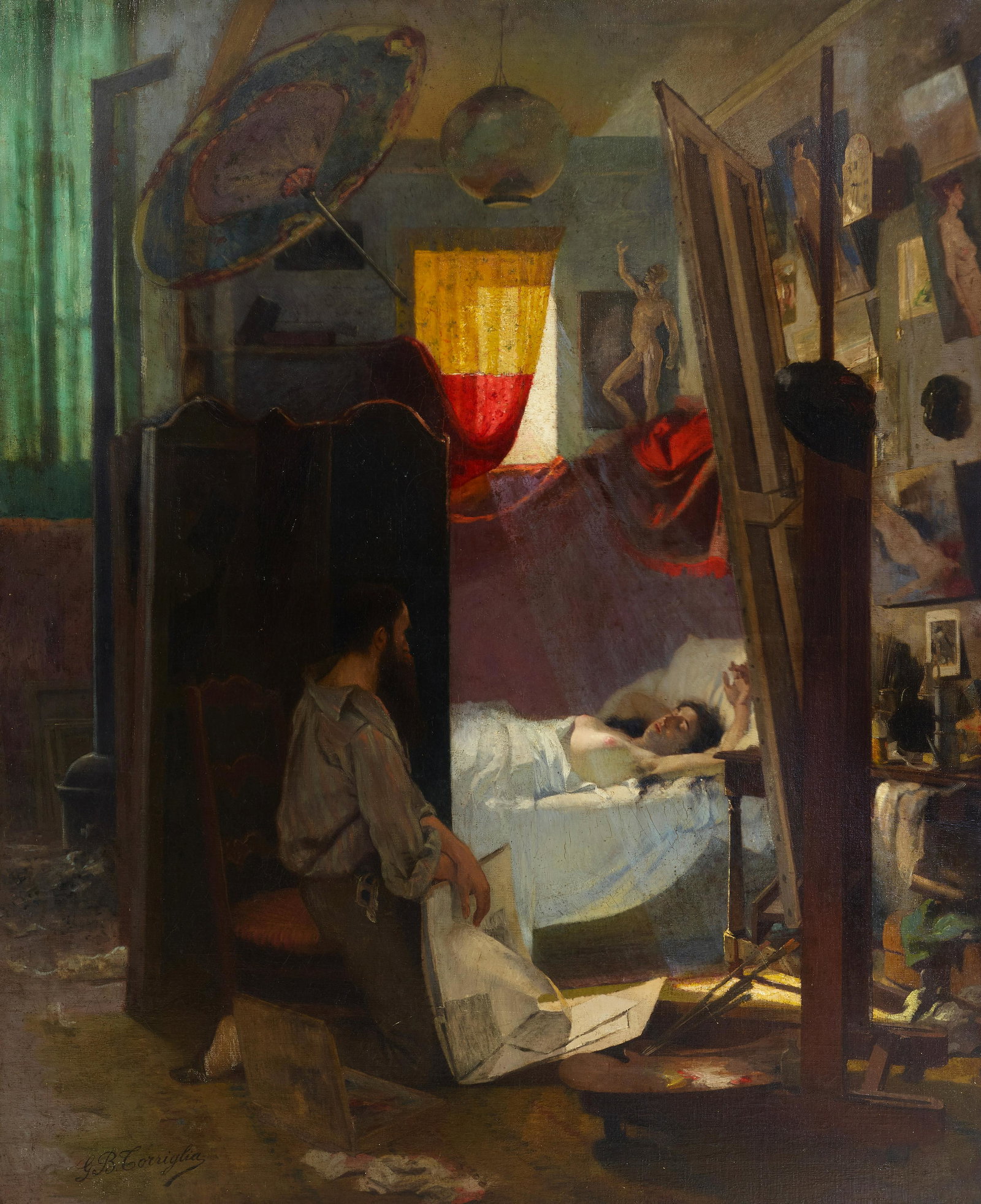 Giovanni Battista Torriglia (Italian, 1858-1937) The artist's studio 65 x 52 1/2in (165.2 x 133....: Giovanni Battista Torriglia (Italian, 1858-1937) The artist's studio signed 'G B Torriglia' (lower left) oil on canvas 65 x 52 1/2in (165.2 x 133.4cm) Footnotes: Provenance Private collection, Los Ang