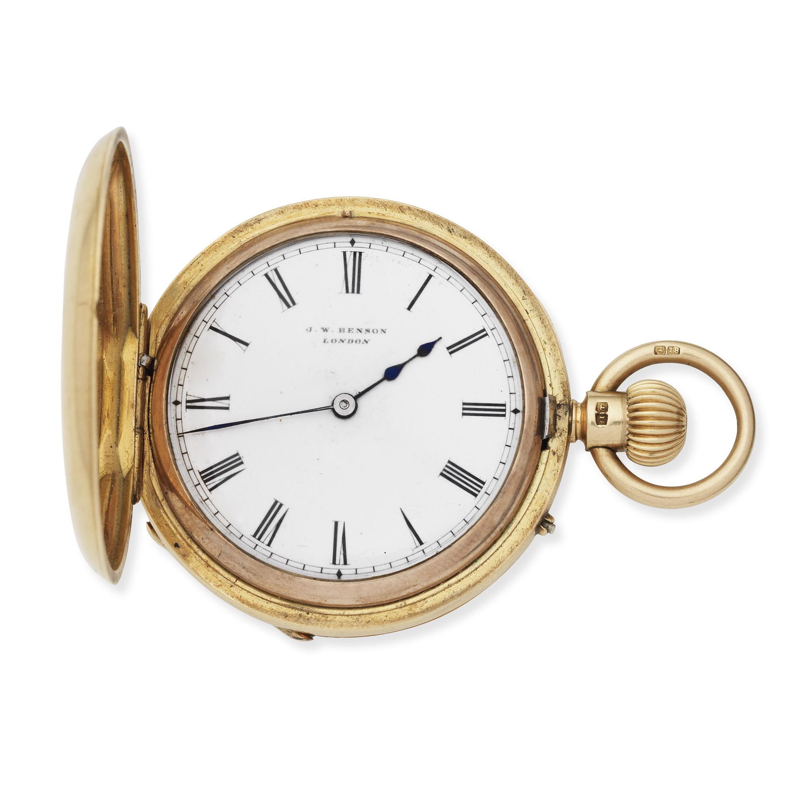 J.W Benson, Ludgate Hill, London. An 18K gold keyless wind half hunter pocket watch London Hallm...: J.W Benson, Ludgate Hill, London. An 18K gold keyless wind half hunter pocket watch Date: London Hallmark for 1883 Movement: Gilt 3/4 plate English lever, cut and compensated bi-metallic balance No.80