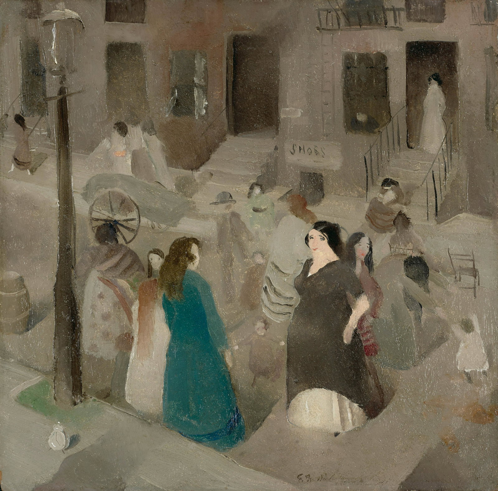 Edwin Walter Dickinson (1891-1978) East Side Street, New York 15 3/4 x 16 in. (40 x 40.6 cm.) (P...: Edwin Walter Dickinson (1891-1978) East Side Street, New York signed 'E W Dickinson' (lower right) and signed again and inscribed '$75.00 / NOT 'AN ANNIVERSARY'' (on the reverse) oil on board 15 3/4 x