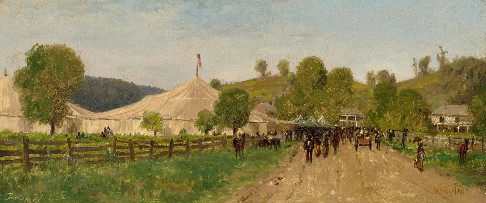 William Hart (1823-1894) Country Circus 5 3/4 x 12 3/4 in. (14.6 x 32.4 cm.) (Painted in 1877.): William Hart (1823-1894) Country Circus signed 'WM. HART' (lower right) and dated 'July 77' (lower left) oil on canvas laid down on board 5 3/4 x 12 3/4 in. (14.6 x 32.4 cm.) Painted in 1877. Footnote