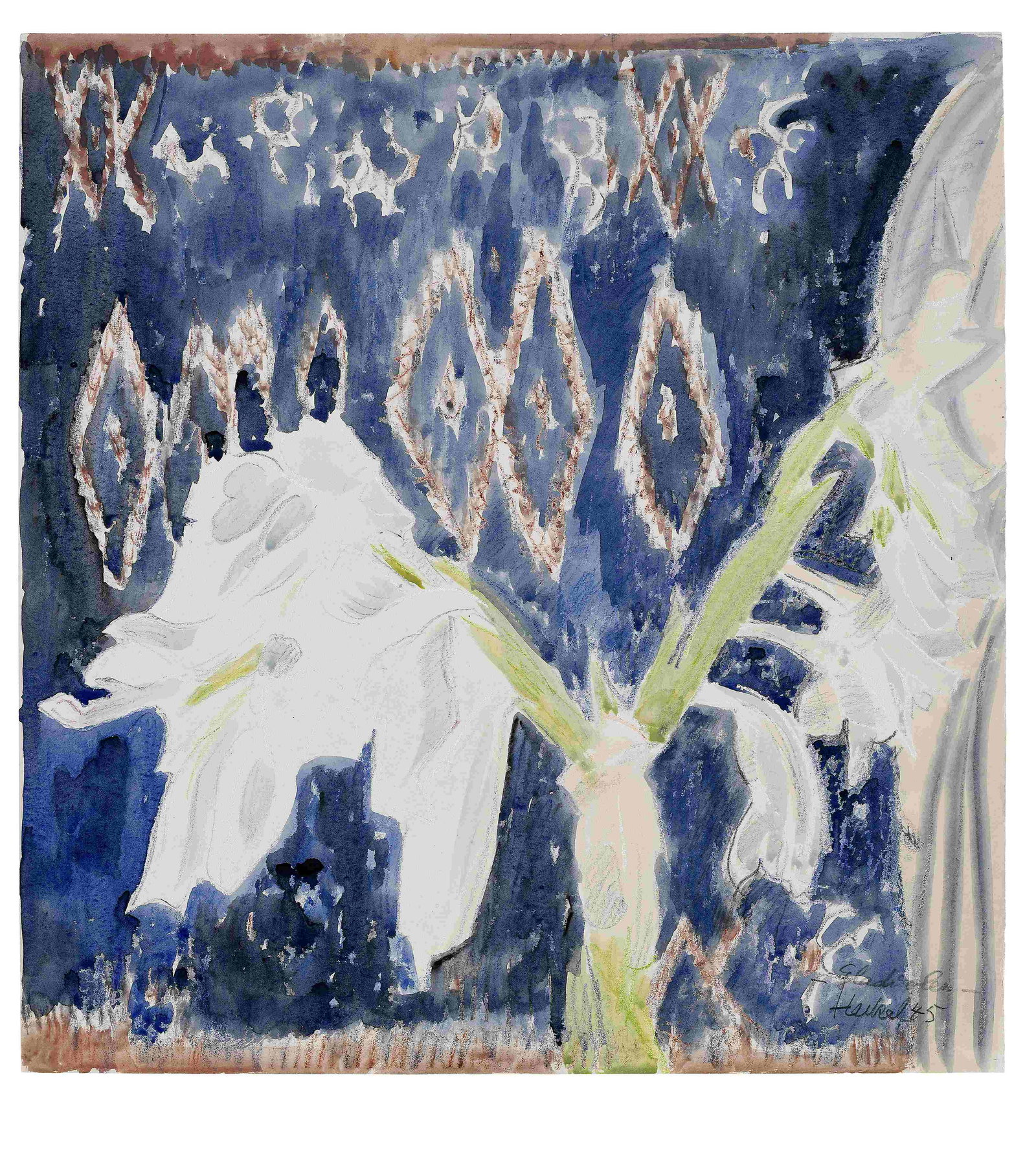 ERICH HECKEL (1883-1970) Gladiolen (Executed in 1945): ERICH HECKEL (1883-1970) Gladiolen signed, inscribed and dated 'Gladiolen - Heckel 45' (lower right) watercolour and coloured crayon on paper 49.7 x 46.6cm (19 9/16 x 18 3/8in). Executed in 1945
