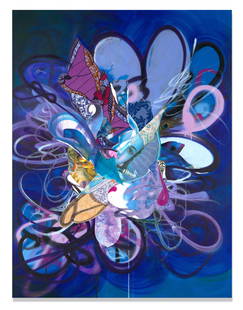 SHINIQUE SMITH (B. 1971) Baltimore, MD In the Twilight2011: SHINIQUE SMITH (B. 1971) Baltimore, MD In the Twilight 2011 signed, titled and dated 2011 on the reverse acrylic, spray paint, ink, fabric and paper collage on canvas over panel 48 1/4 by 36 1/4 in. 1