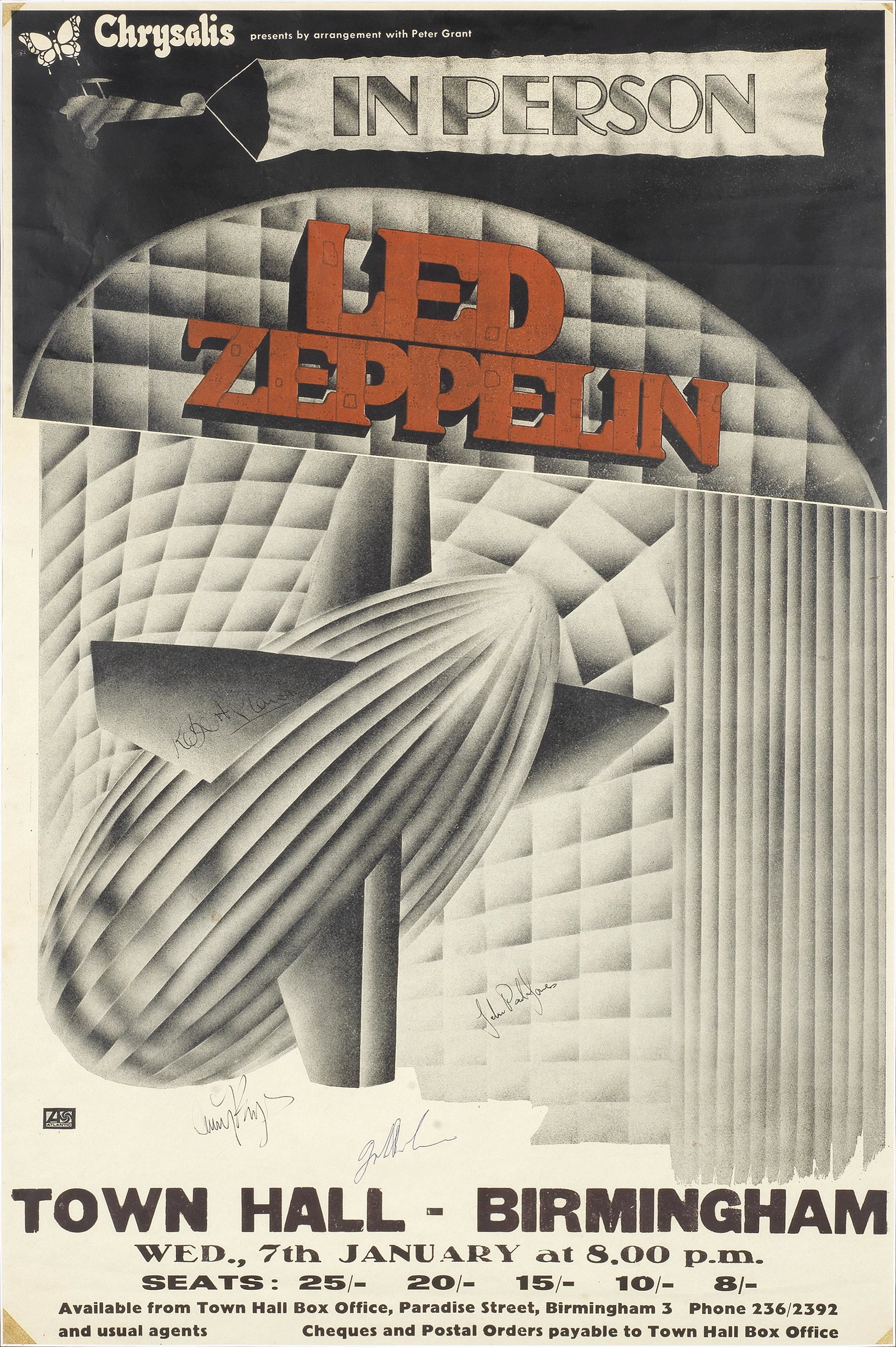 Led Zeppelin: A Rare UK 'In Person, Led Zeppelin' Concert Poster Signed By The Band, 7th January...: Led Zeppelin: A Rare UK 'In Person, Led Zeppelin' Concert Poster Signed By The Band, 7th January 1970, a Chrysalis poster for Birmingham Town Hall, presented by Peter Grant, signed in black ink by Jim