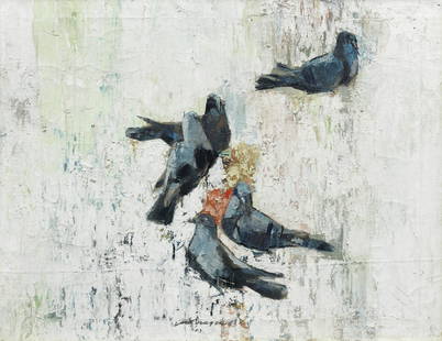 Jamil Naqsh (Pakistani, 1939-2019) Untitled (Pigeons): Jamil Naqsh (Pakistani, 1939-2019) Untitled (Pigeons) signed and dated Jamil Naqsh '63 lower centre oil on canvas, framed 63 x 81.2cm (24 13/16 x 31 15/16in). Footnotes: Provenance