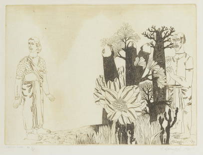 Laxma Goud (India, B.1940) Untitled (Man and Woman): Laxma Goud (India, B.1940) Untitled (Man and Woman) signed and dated 1975 lower right etching on paper, framed 25.1 x 34.3cm (9 7/8 x 13 1/2in). Footnotes: Note: This is AP 1/25.