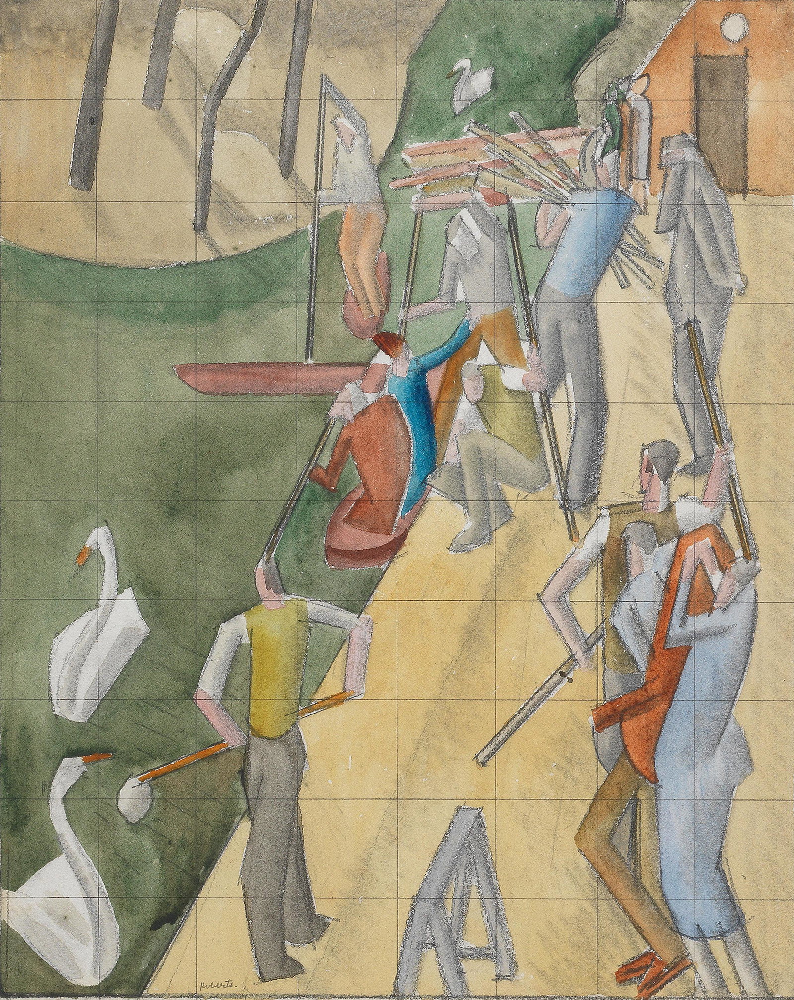 William Roberts R.A. (British, 1895-1980) Swan Upping 27.6 x 22 cm. (10 7/8 x 8 5/8 in.) (sheet)...: William Roberts R.A. (British, 1895-1980) Swan Upping signed 'Roberts.' (lower centre) watercolour and pencil, squared for transfer 27.6 x 22 cm. (10 7/8 x 8 5/8 in.) (sheet); 24 x 19 (9 3/8 x 7 1.2 i