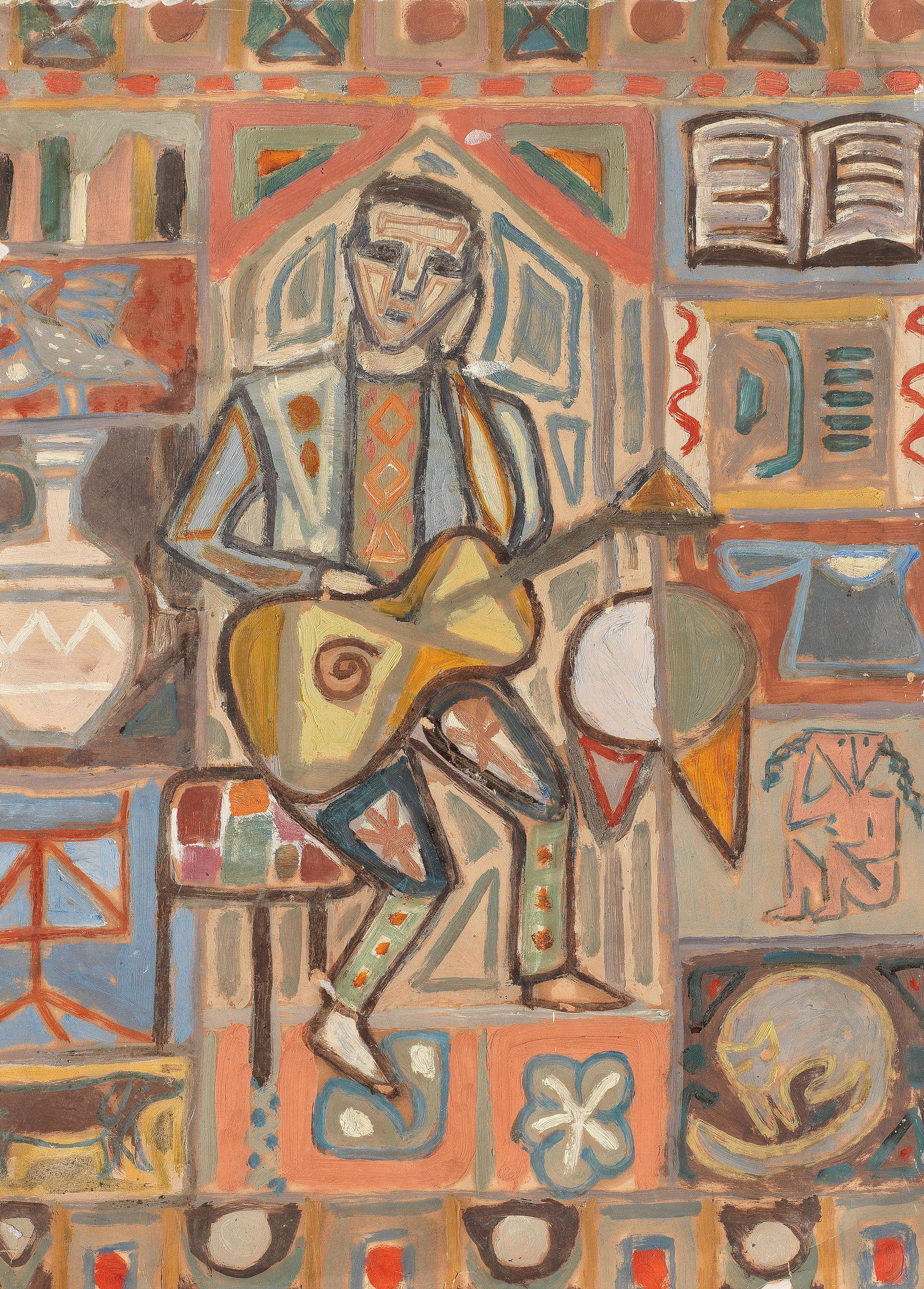 Jewad Selim (Iraq, 1919-1961) Self Portrait with Guitar: Jewad Selim (Iraq, 1919-1961) Self Portrait with Guitar oil on card laid down on board, framed executed circa early 1940s 50 x 35cm (19 11/16 x 13 3/4in). Footnotes: Provenance: Property