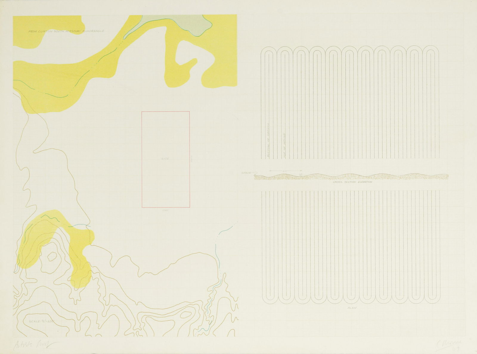 Robert MORRIS (1931-2018) MOUNDS AND TRENCHES & WATERFALL, 1969 (Cherix, 5 et 12)Planches I et V...: Robert MORRIS (1931-2018) MOUNDS AND TRENCHES & WATERFALL, 1969 (Cherix, 5 et 12) Planches I et VIII tirées de la suite « Earth Project » Ensemble de deux lithographies en couleurs sur