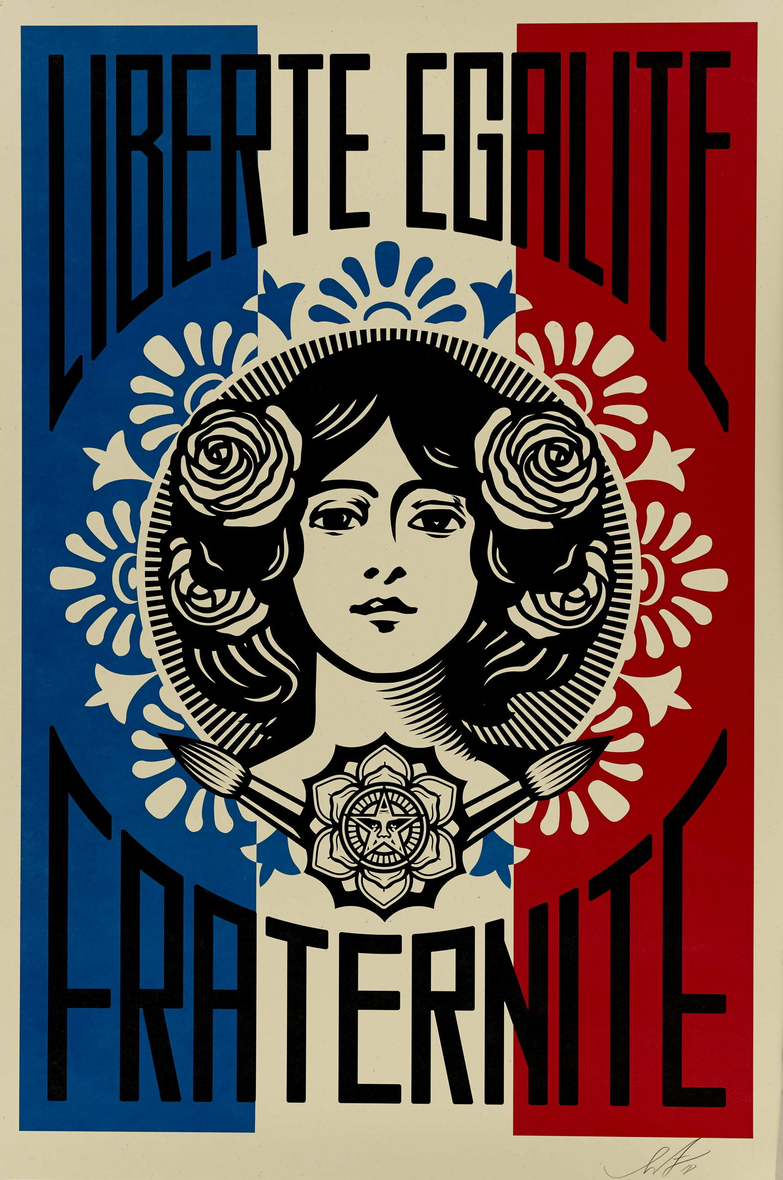 Shepard FAIREY (Né en 1970) LIBERTE, EGALITE, FRATERNITE, 2021 Sérigraphie en couleur...: Shepard FAIREY (Né en 1970) LIBERTE, EGALITE, FRATERNITE, 2021 Sérigraphie en couleurs sur papier recyclé Signée et datée 91 × 61 cm